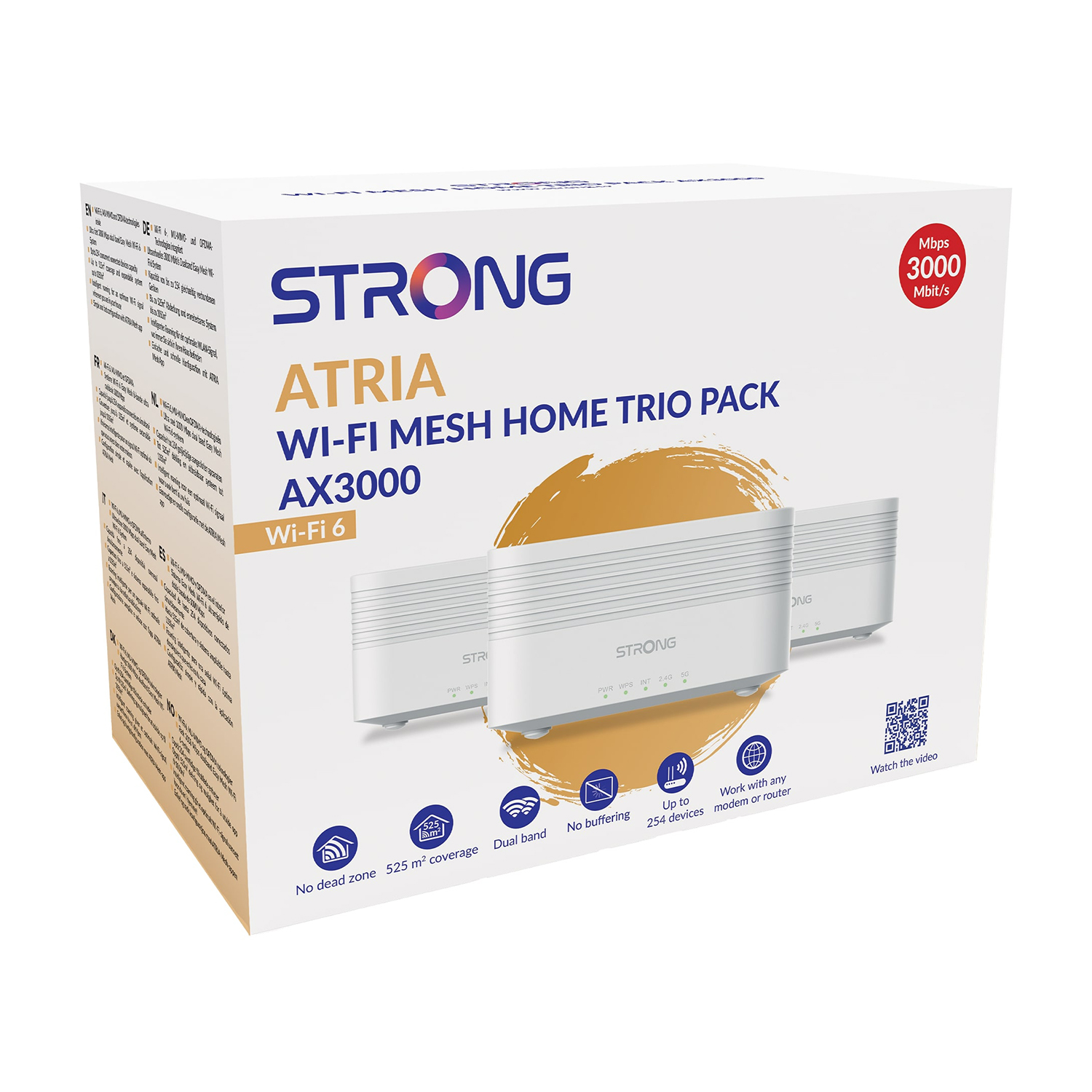 Scatola di un STRONG ATIRA Wi-Fi Mesh Home Trio Pack AX3000, che mostra il prodotto e le sue caratteristiche.