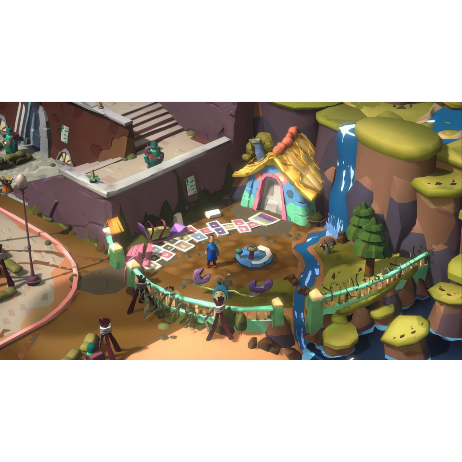 Bovenaanzicht van een game scene. Cartoonstijl met kleurrijke gebouwen en omgeving.