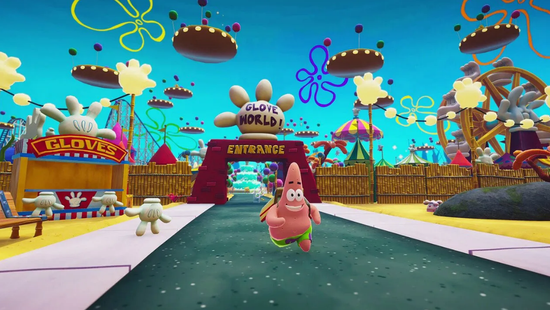 Patrick Star rennt in Glove World, einem Themenpark von SpongeBob Schwammkopf. Helle, farbenfrohe Umgebung.