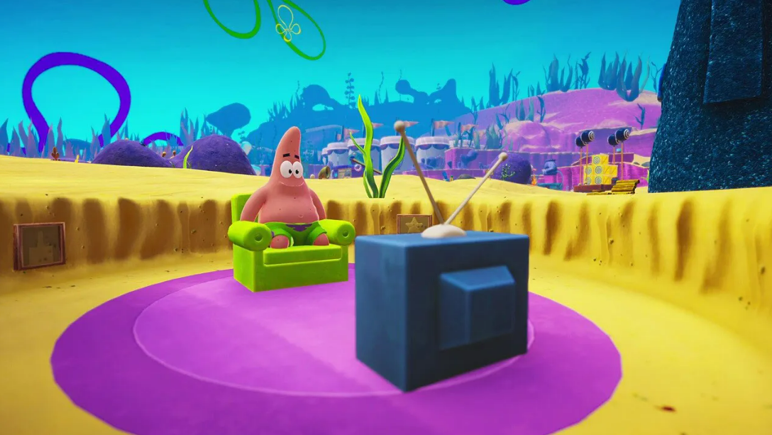 Patrick Star von SpongeBob sitzt in einem Stuhl und sieht fern, Zeichentrick.