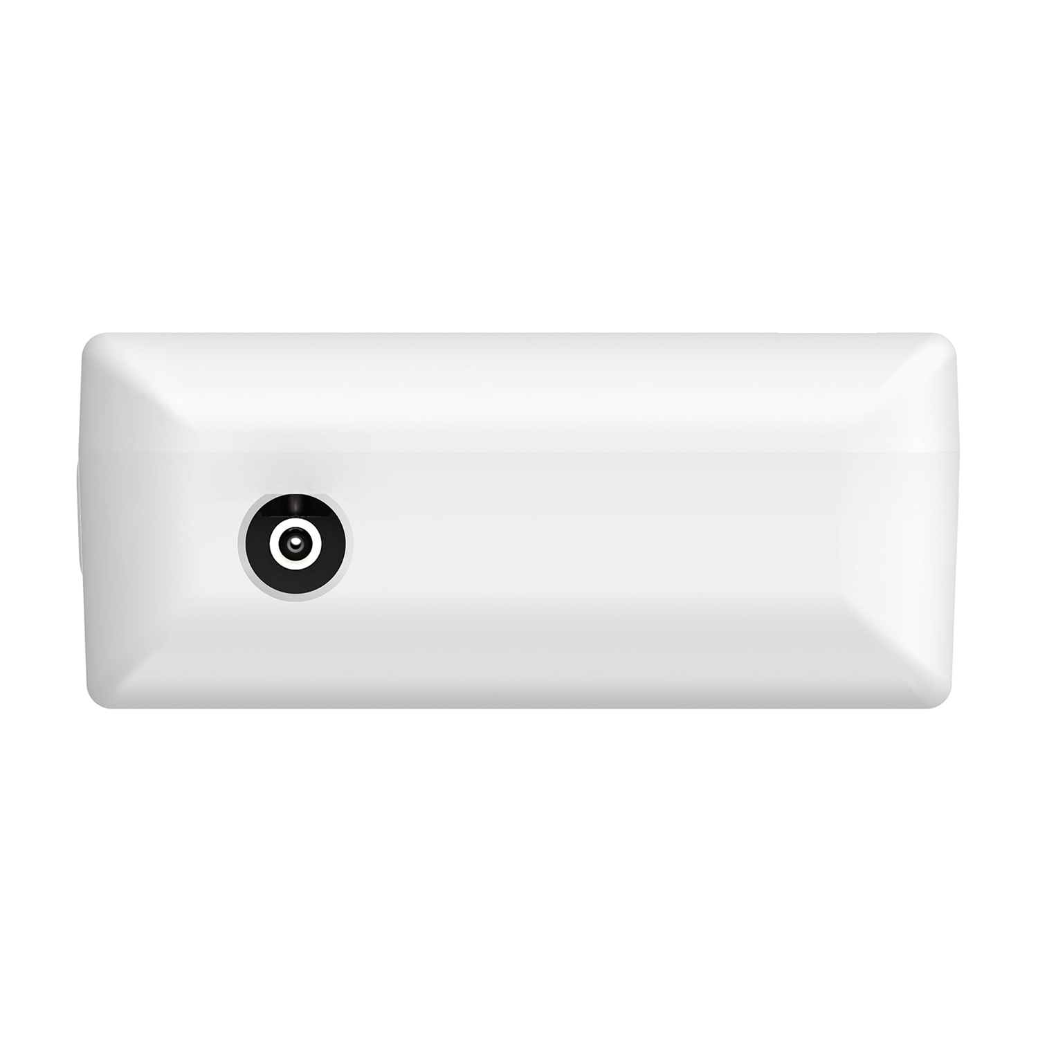 Dispositivo rettangolare bianco con una porta circolare nera.