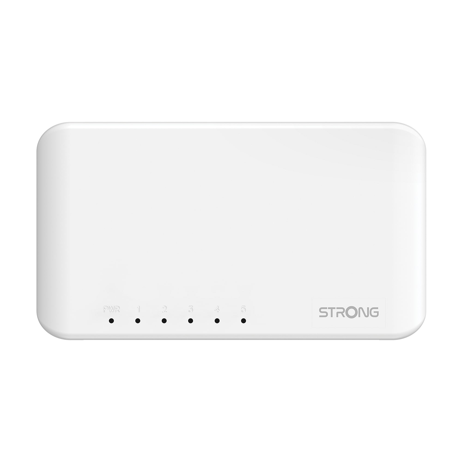 Uno switch di rete bianco con indicatori di alimentazione e connessione sulla parte anteriore.