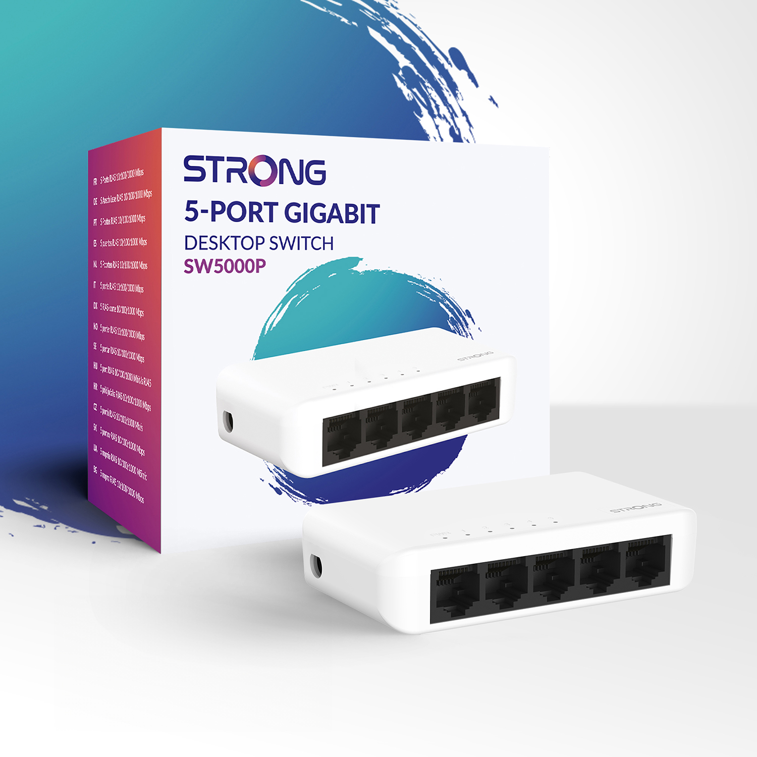 Switch desktop Gigabit a 5 porte Strong bianco con una scatola bianca che mostra le specifiche.