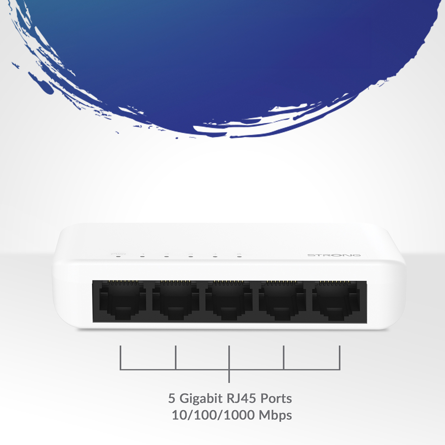 Switch di rete bianco con cinque porte RJ45. Testo: 5 Gigabit RJ45 Ports 10/100/1000 Mbps.