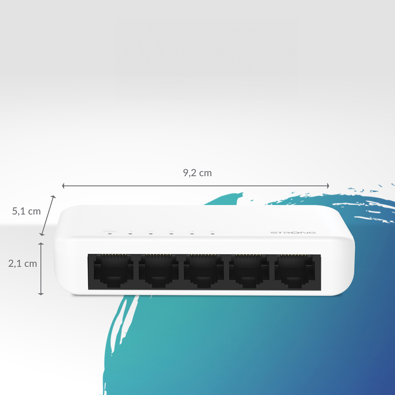 Switch di rete bianco con 5 porte Ethernet, dimensioni mostrate.