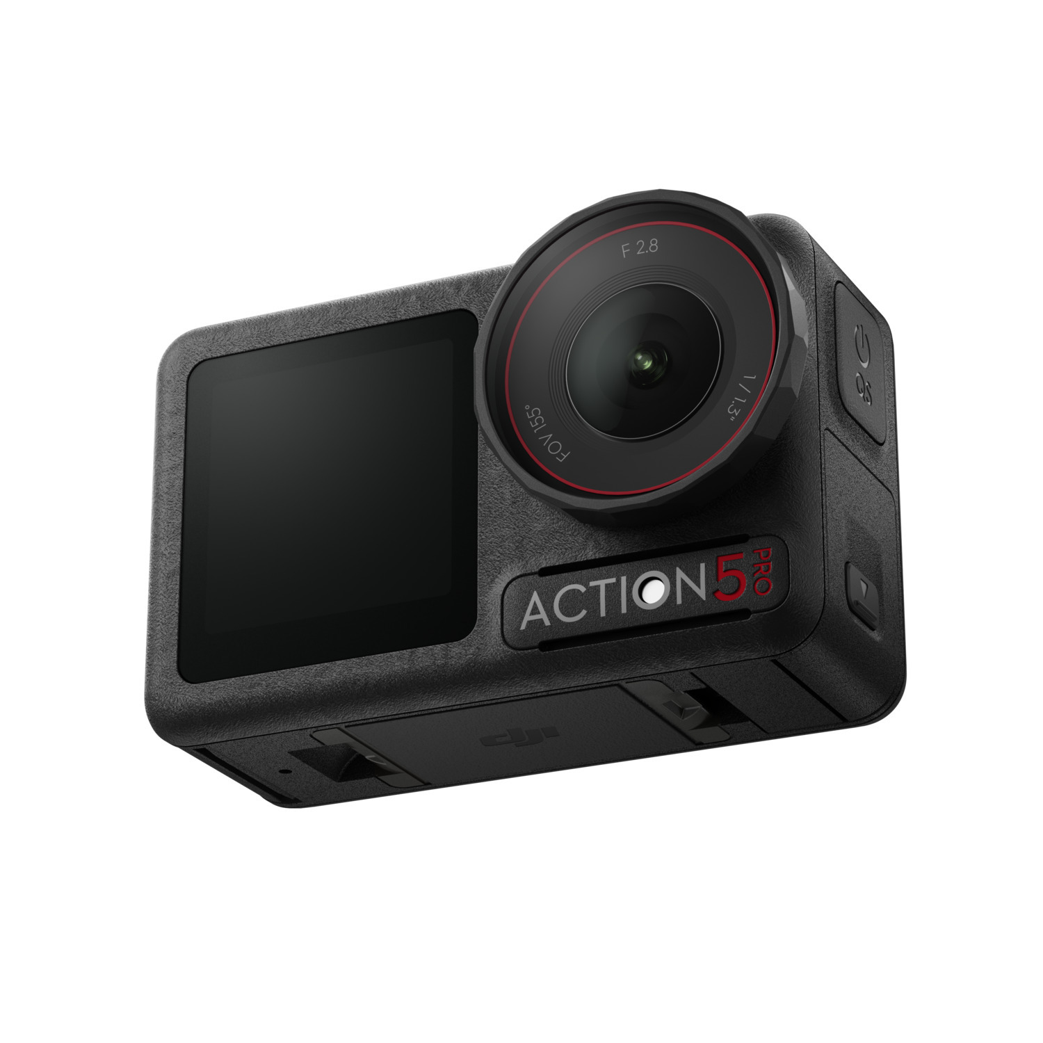 Black action camera, angled view. Lens is red-ringed, with 'ACTION 5 PRO' text and a black screen.