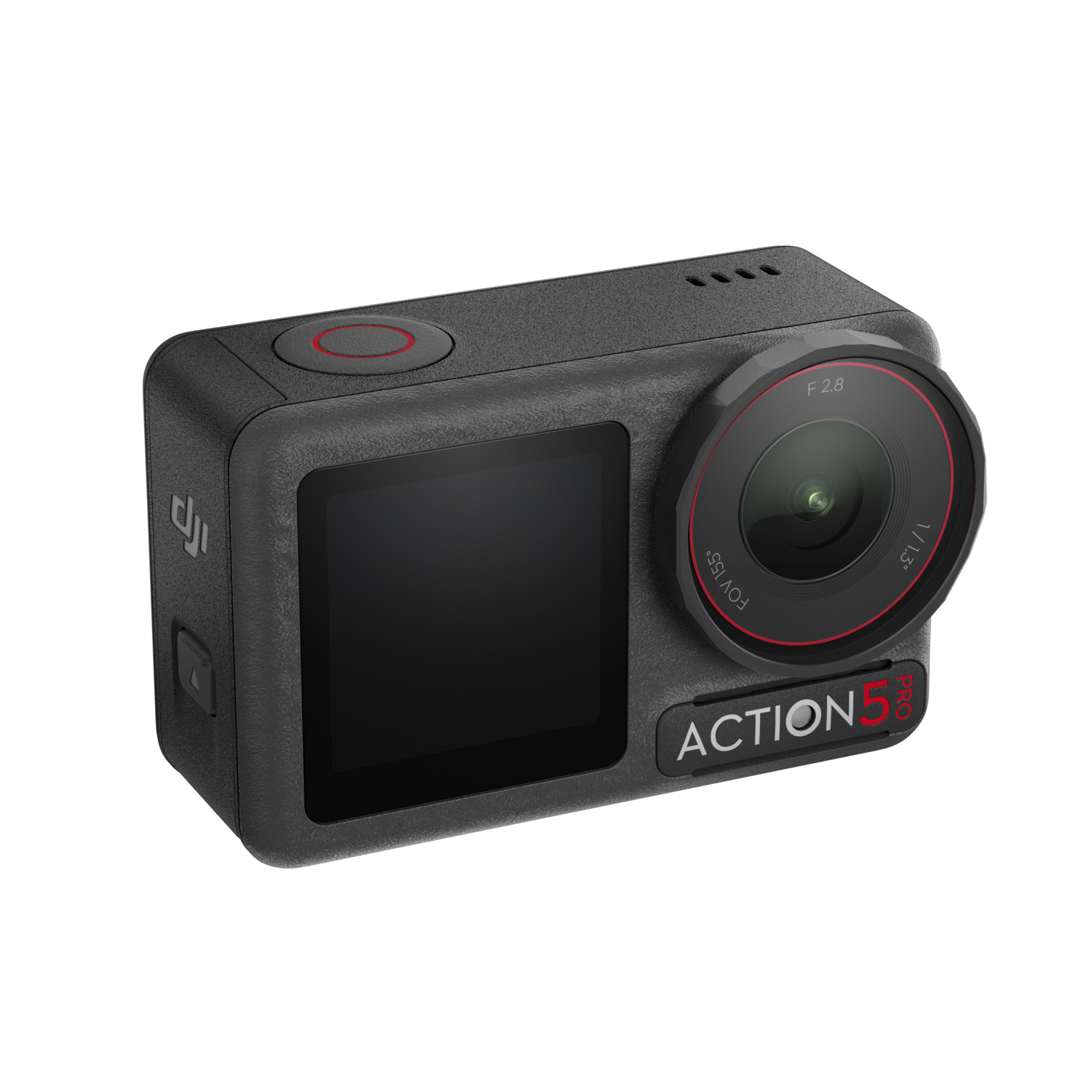 Black action camera with a lens and a small screen. Text Action 5 Pro. Red ring around the lens.