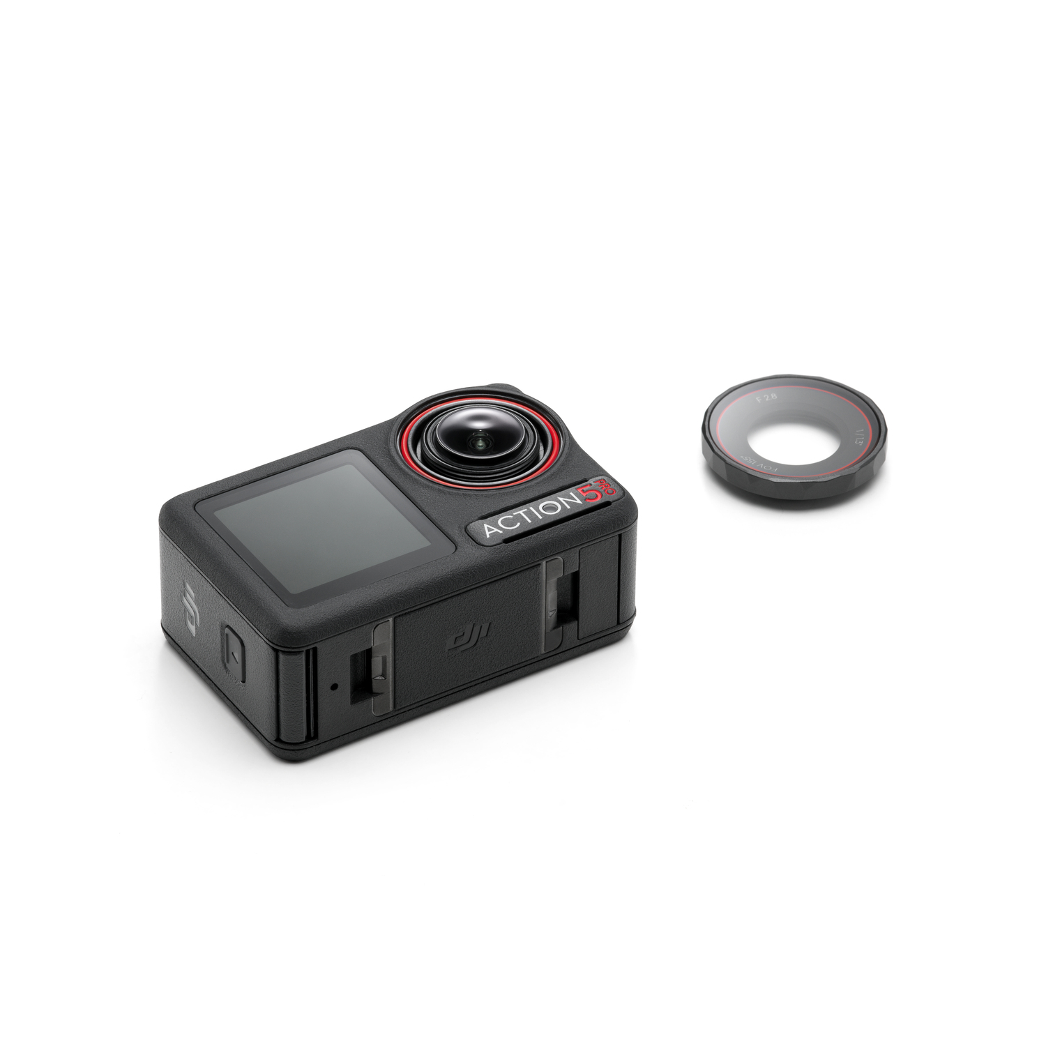 Black action camera with a lens cap, on a white background.