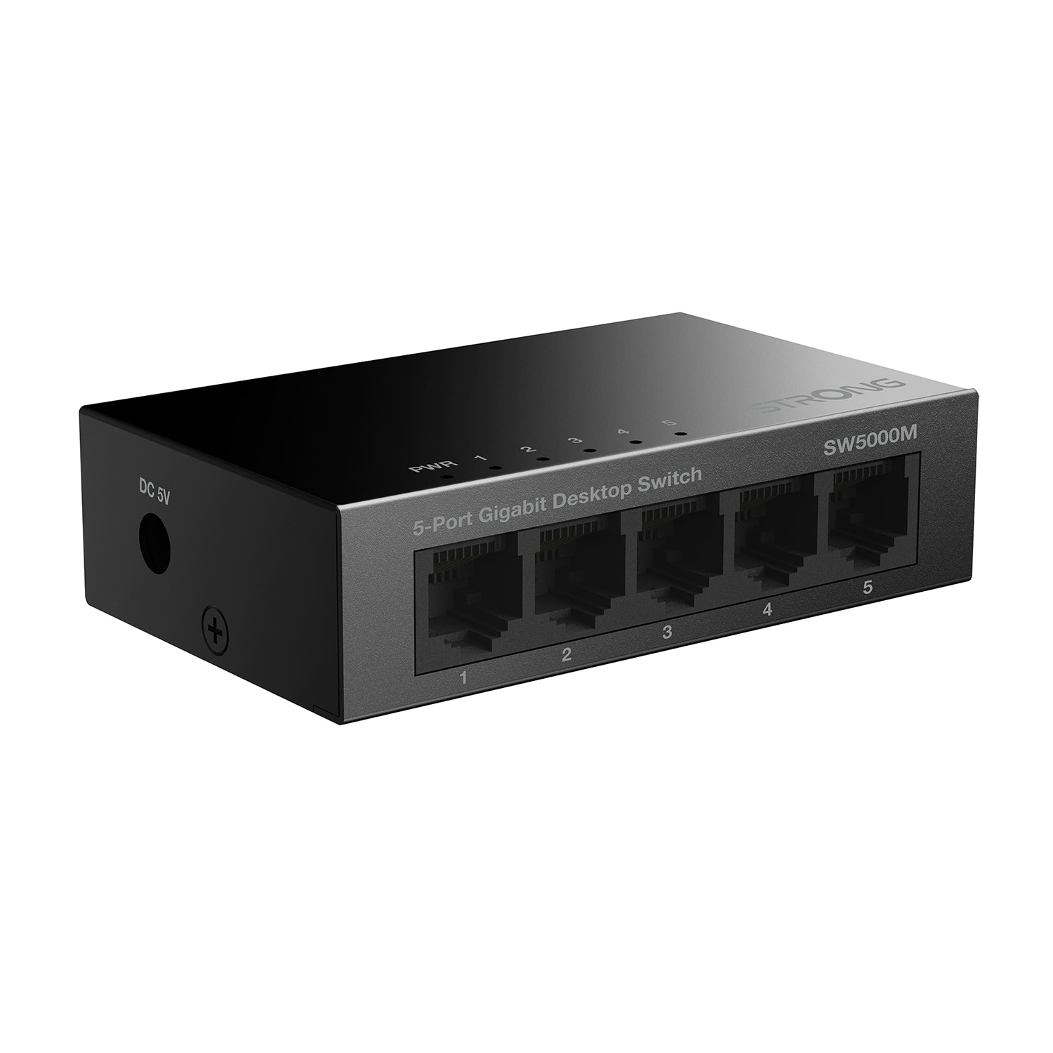 Switch desktop Gigabit a 5 porte nero con 5 porte Ethernet.