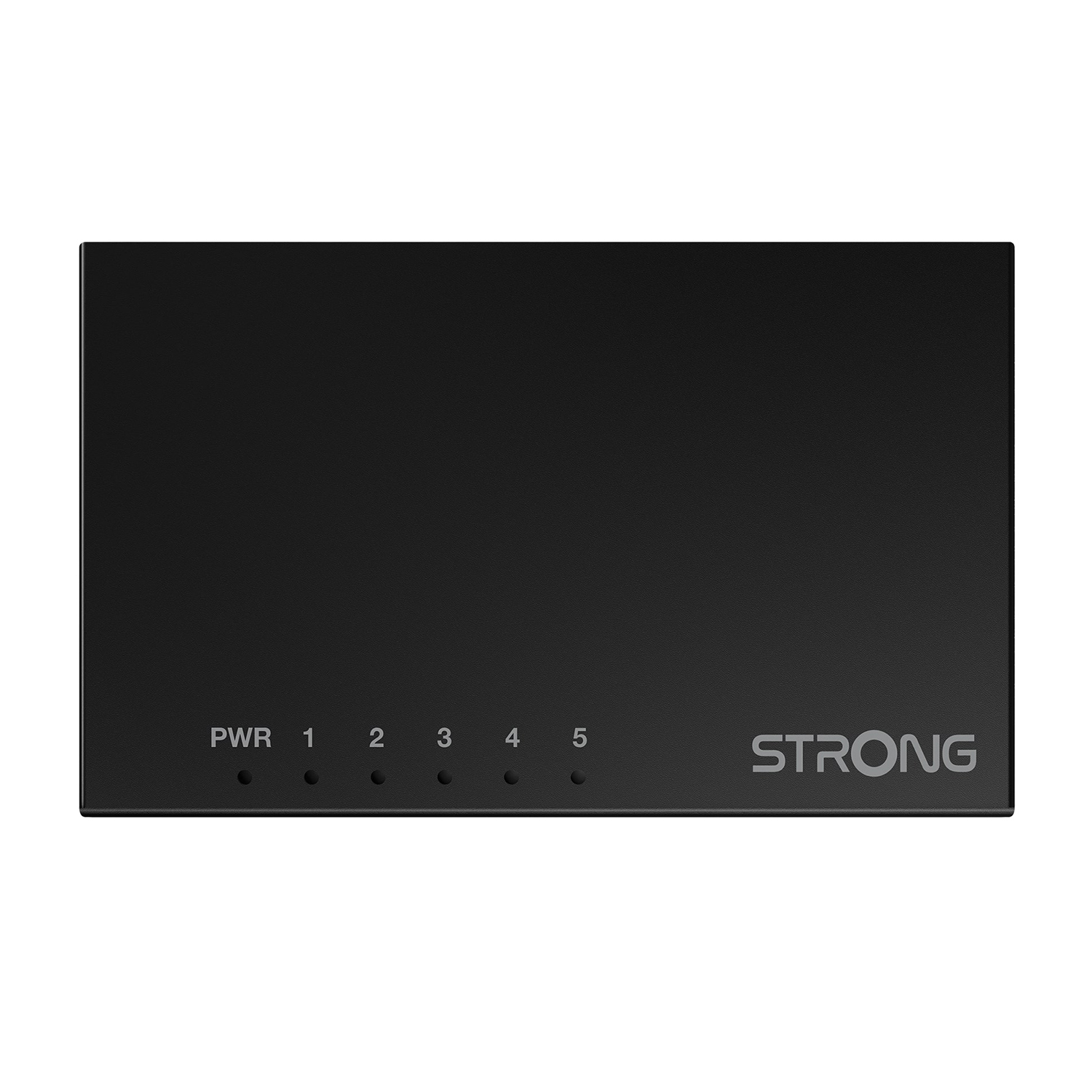 Uno switch Strong nero con cinque porte numerate e un indicatore di alimentazione.