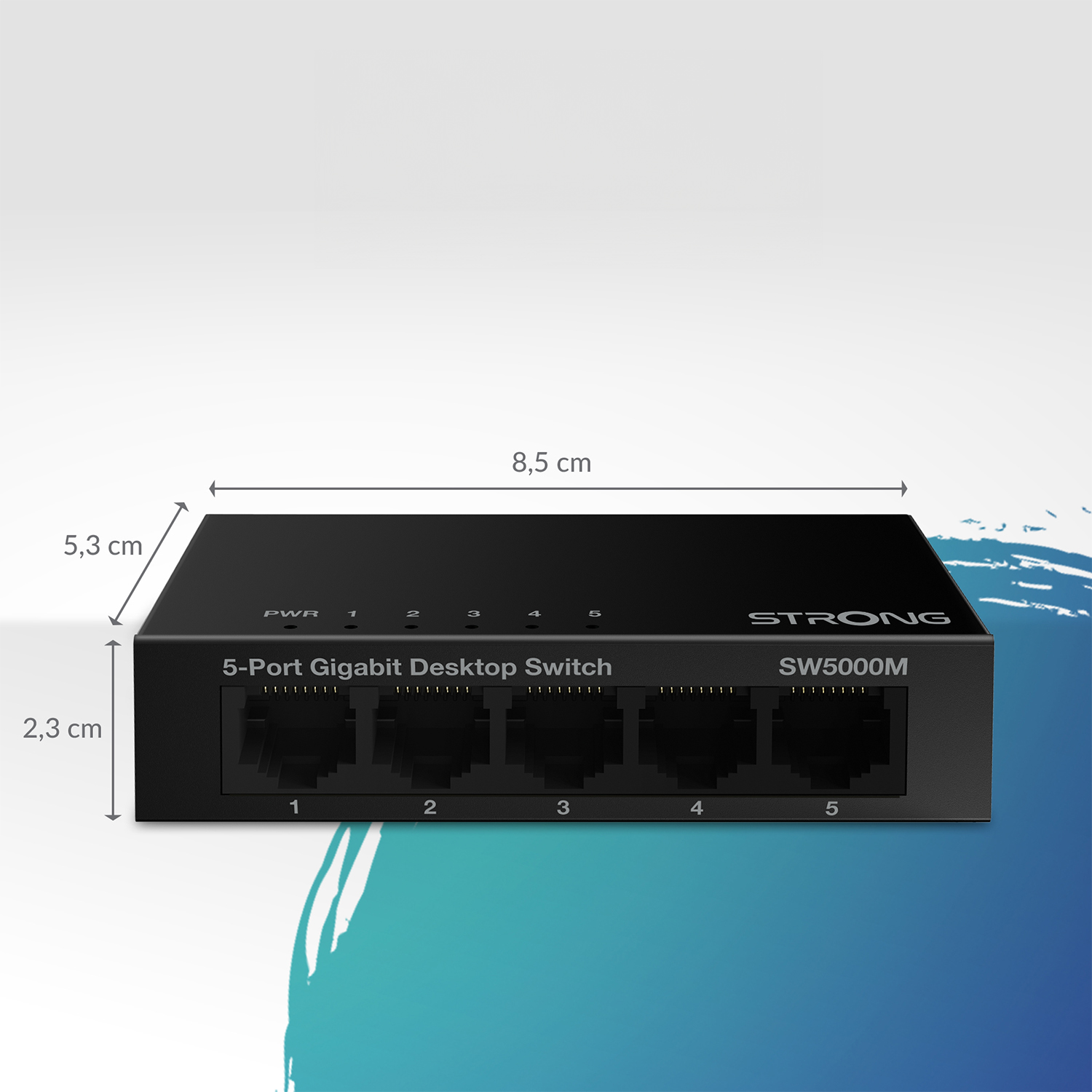 Uno switch desktop gigabit a 5 porte nero. Le dimensioni sono 8,5 cm, 5,3 cm e 2,3 cm.