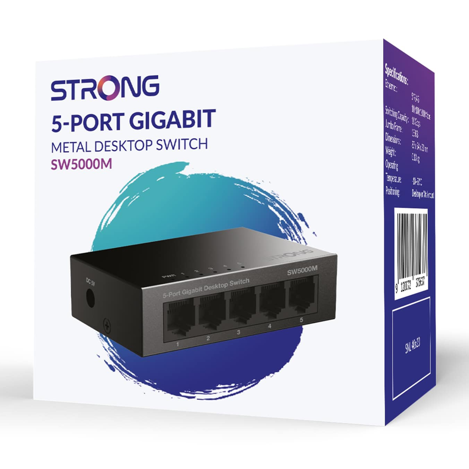 Scatola bianca con uno switch Gigabit a 5 porte nero. Testo include 'STRONG', 'SW5000M'.