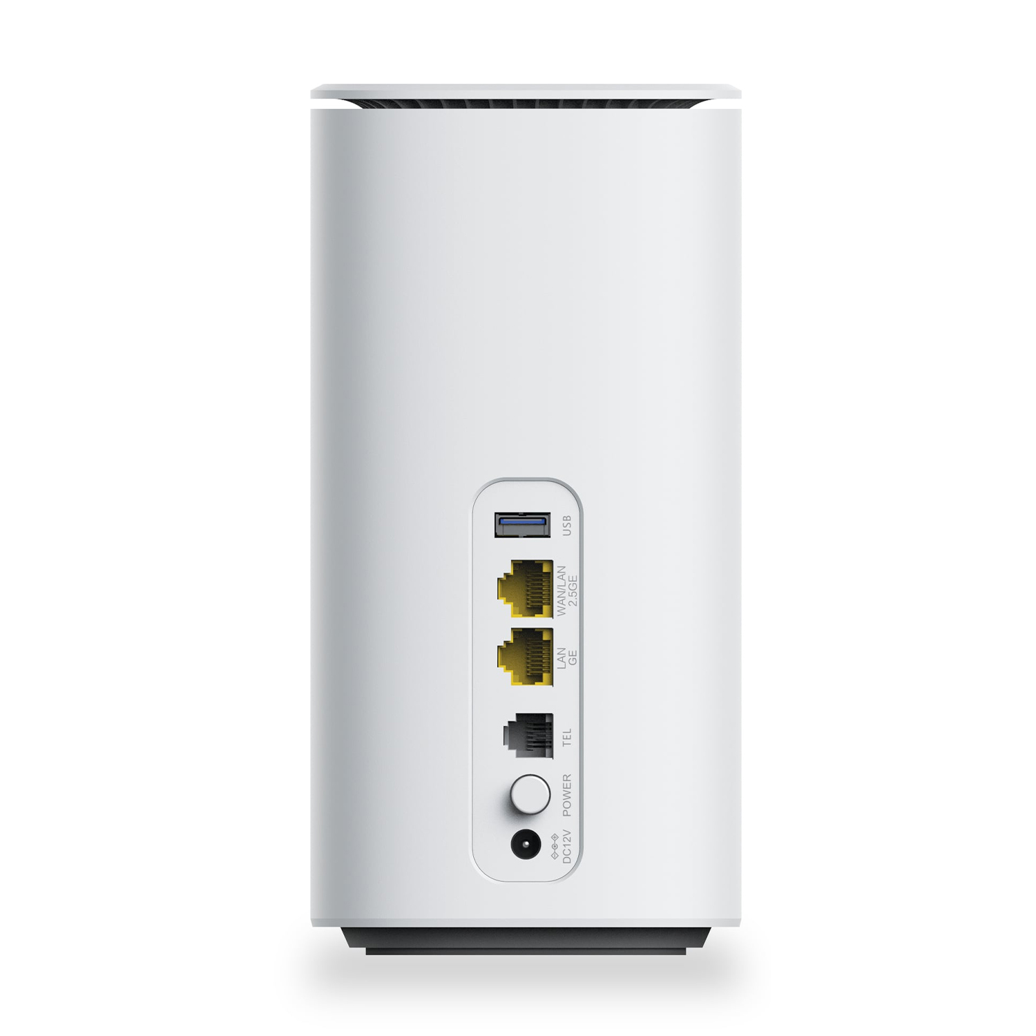 Un modem bianco con porte USB, LAN e TEL, e un pulsante di accensione in basso.