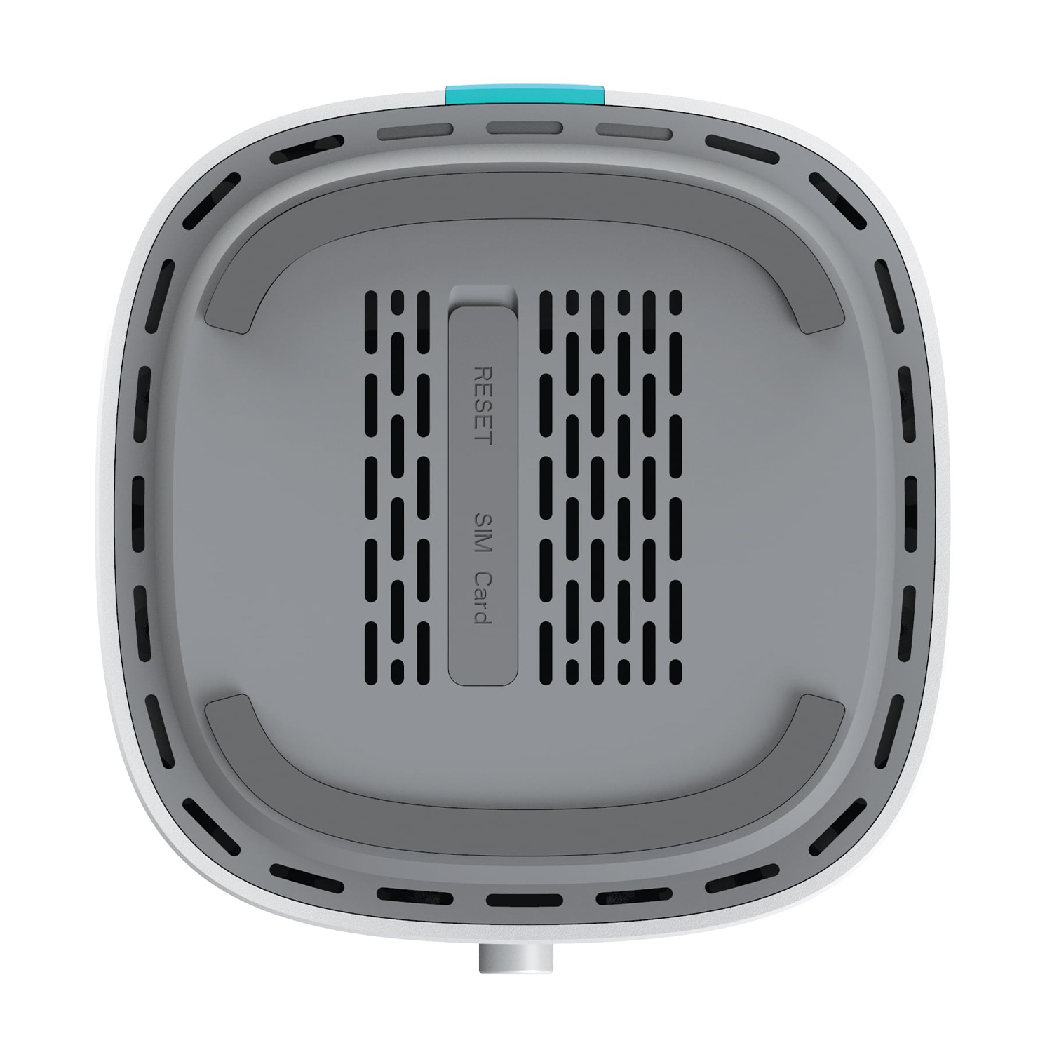 Router bianco, con prese d'aria nere e area grigia. C'è un pulsante azzurro.