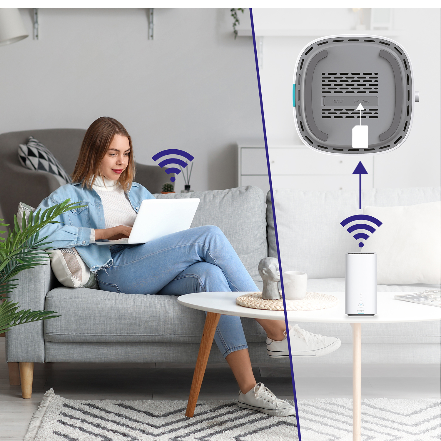 Donna usa un laptop sul divano, icone del segnale WiFi. L'inserto mostra un router WiFi e un dispositivo connesso.