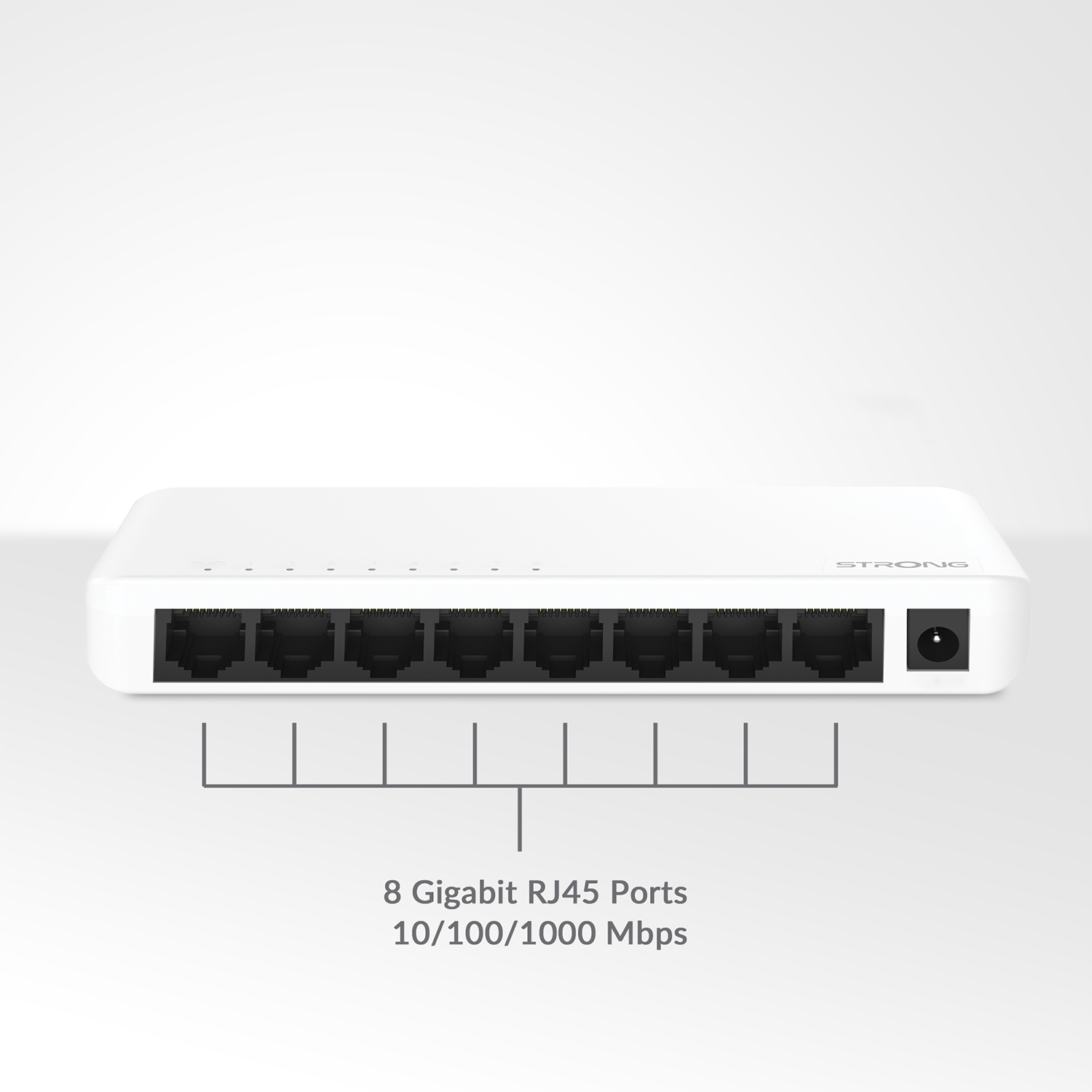 Uno switch di rete bianco con 8 porte RJ45 e testo che indica velocità di 10/100/1000 Mbps.