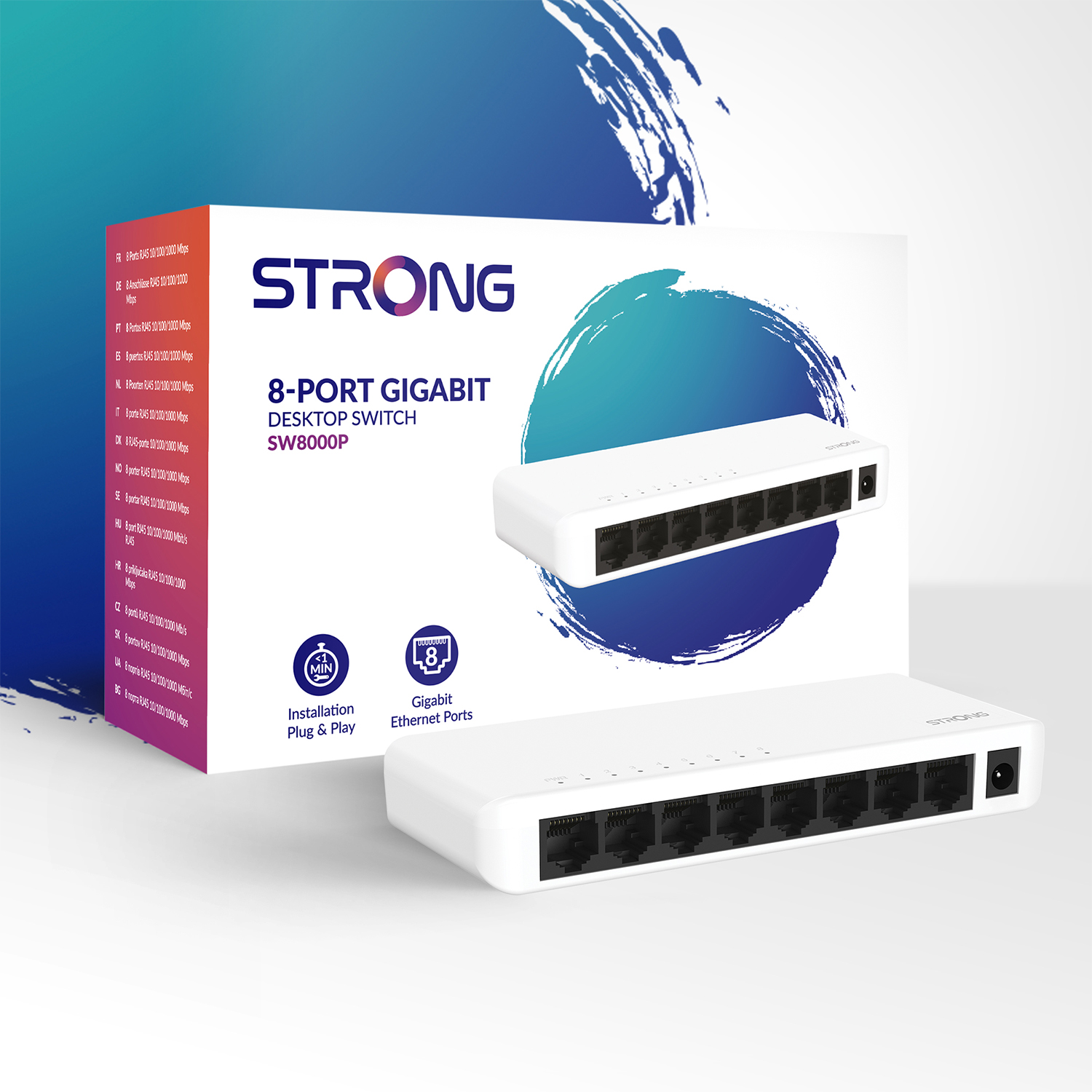 Uno switch desktop Gigabit a 8 porte Strong bianco con scatola, design a cerchio blu e porte Ethernet.