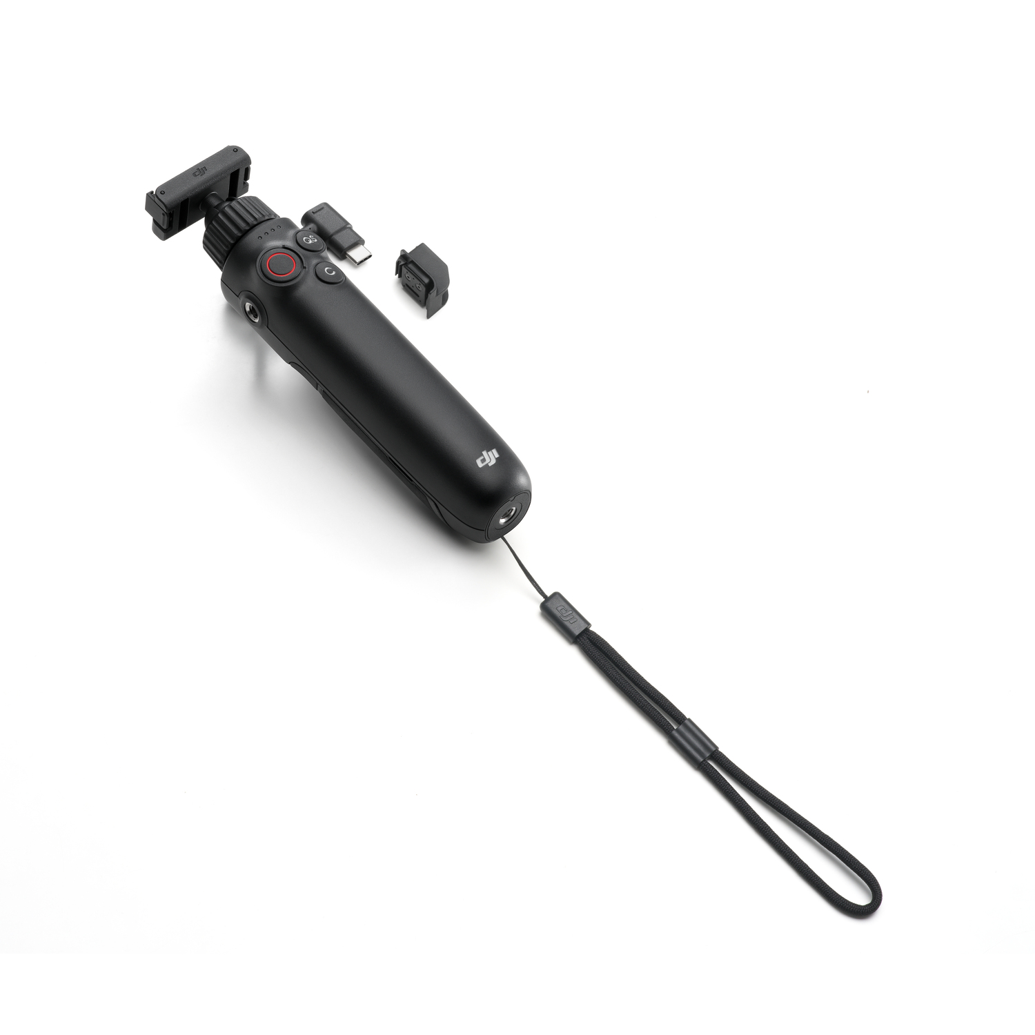 Zwarte handheld stabilisator met een polsband en accessoires.