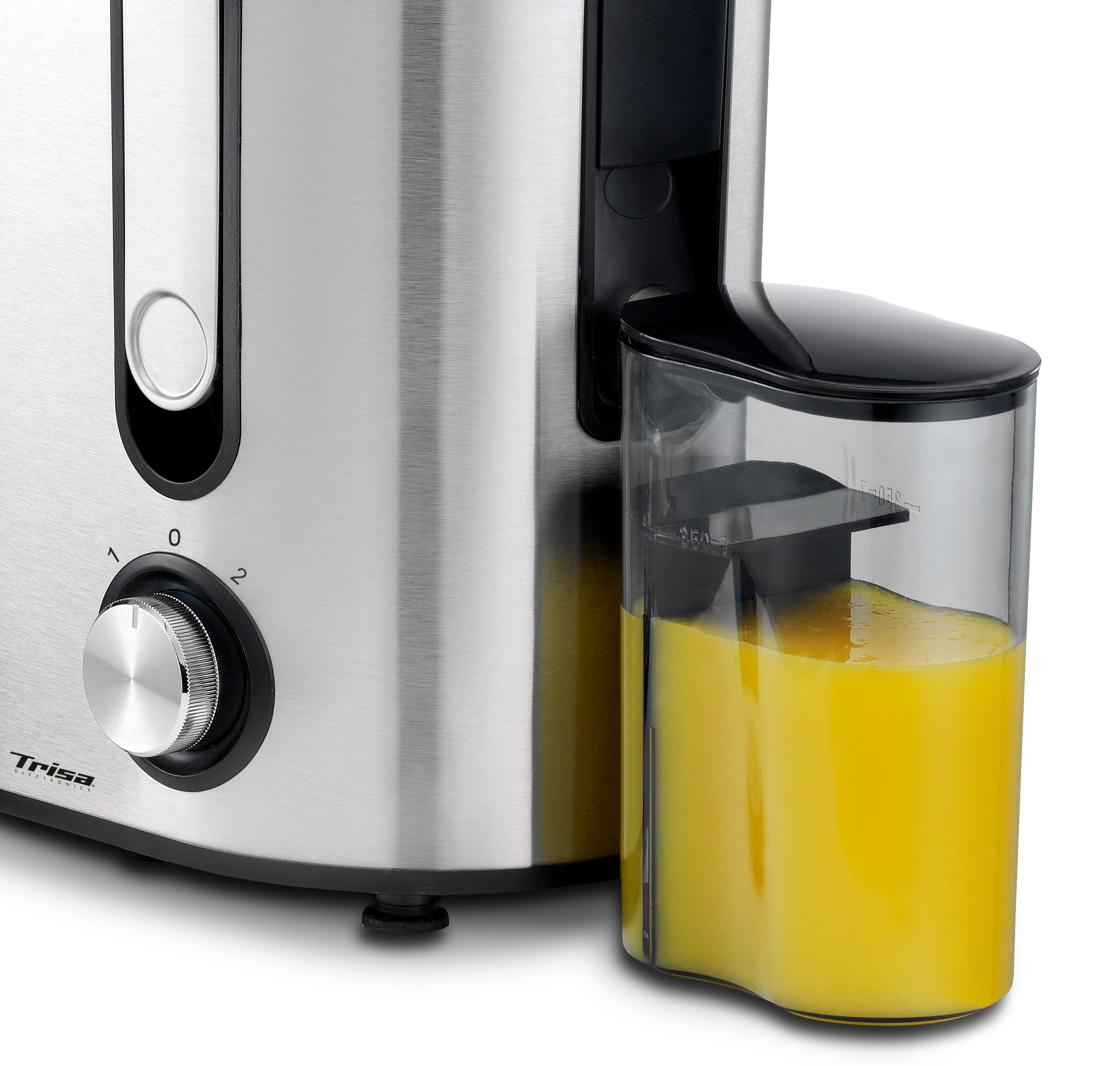 Una centrifuga in acciaio inossidabile con un contenitore trasparente pieno di succo d'arancia.