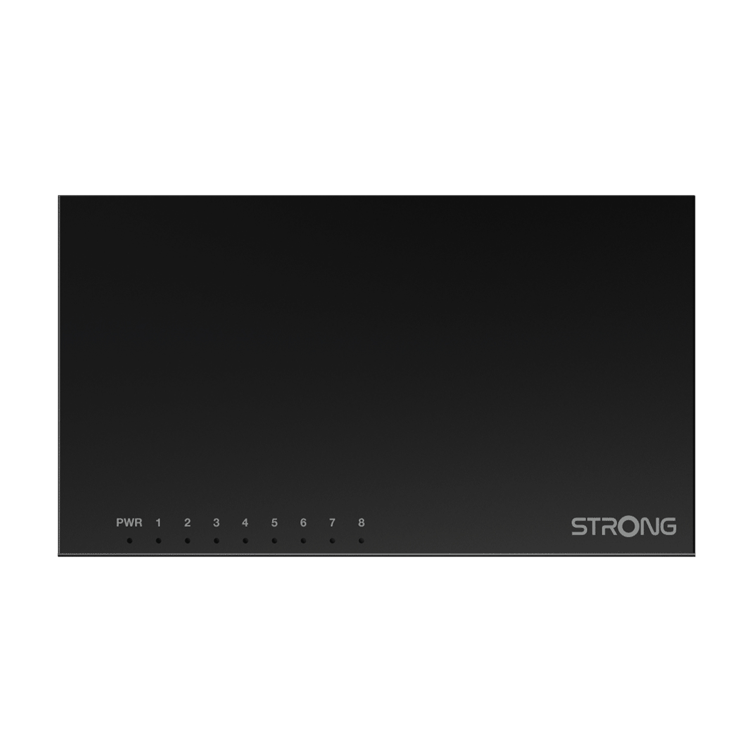 Switch di rete nero con 8 porte e il logo STRONG.