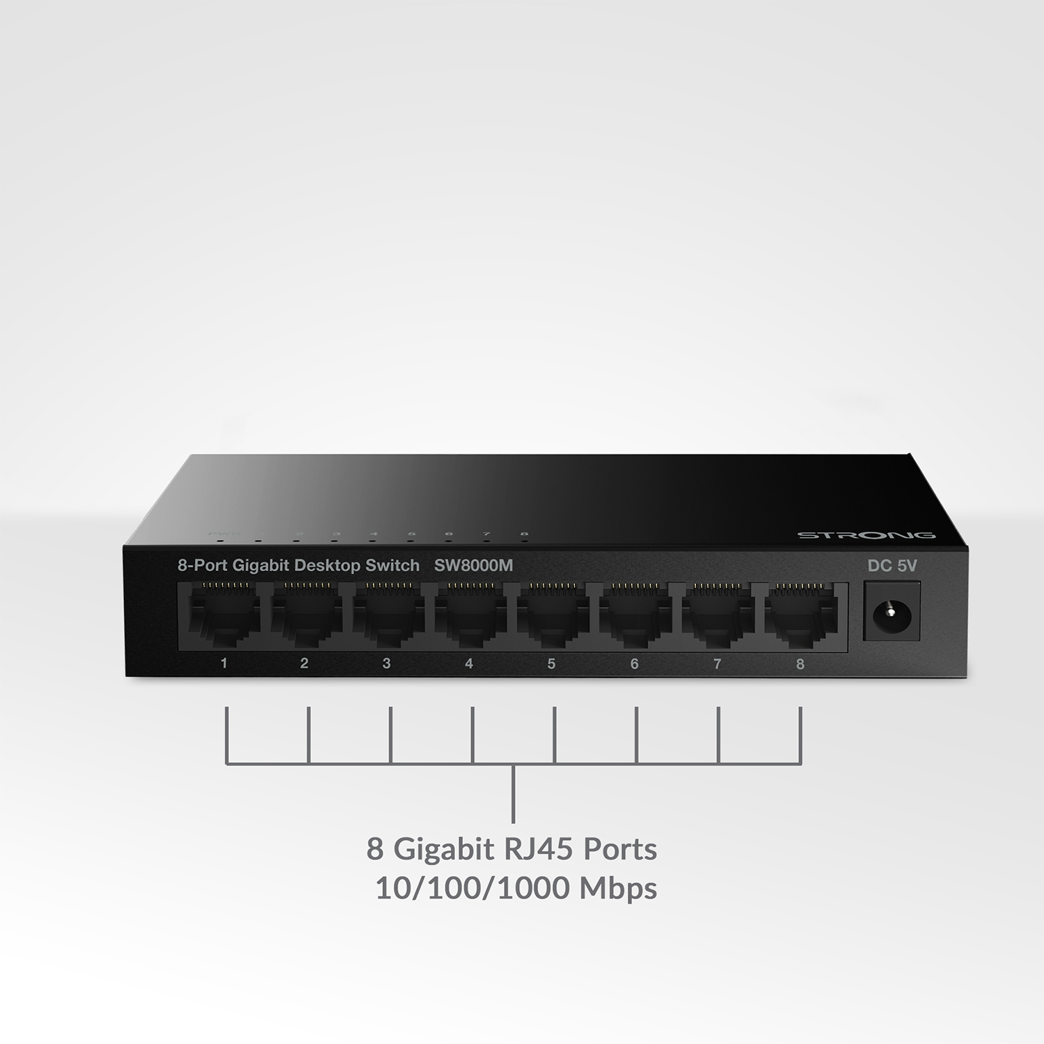 Uno switch desktop Gigabit a 8 porte con porte RJ45, etichettato con numeri.