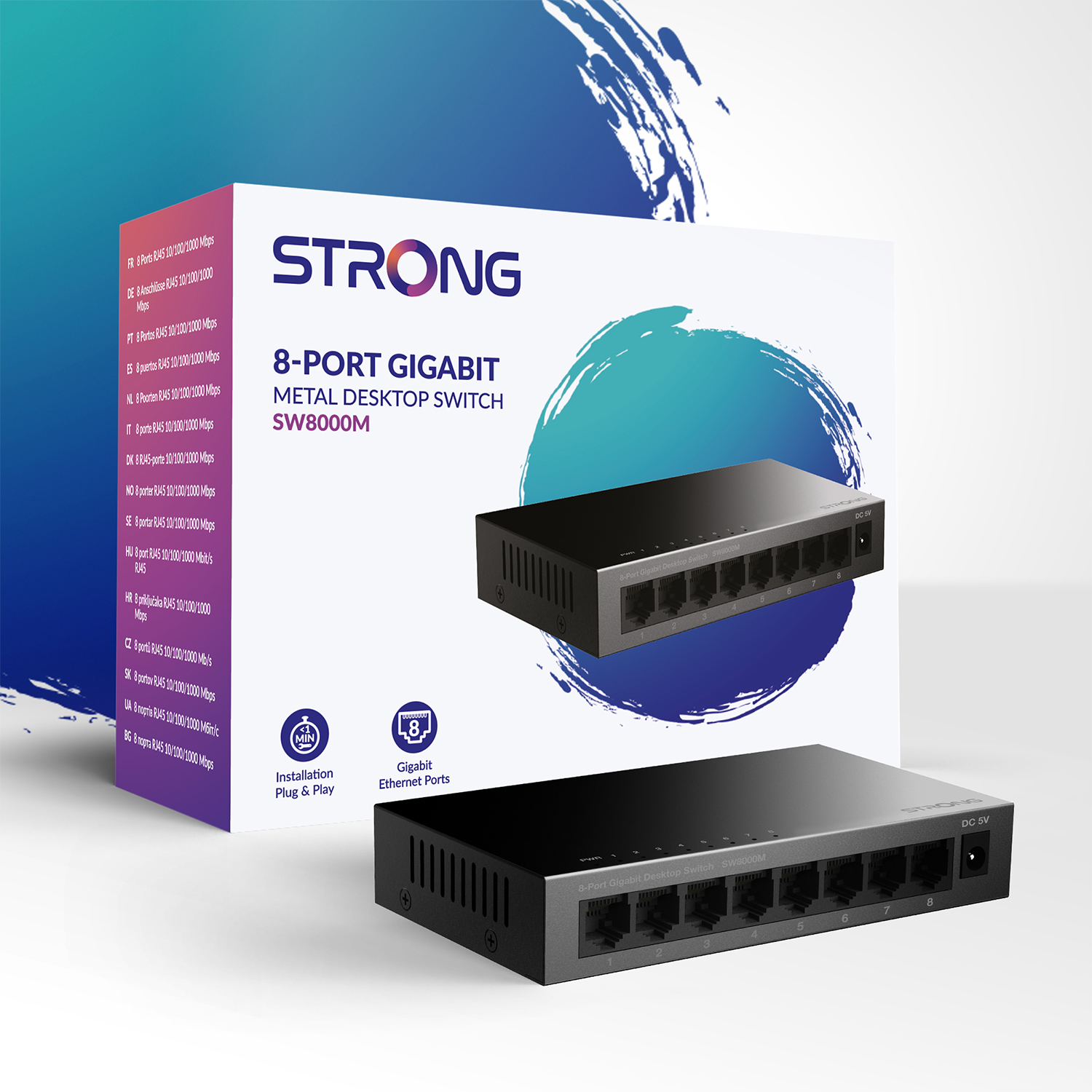 Uno switch Gigabit Ethernet a 8 porte nero con la sua confezione.