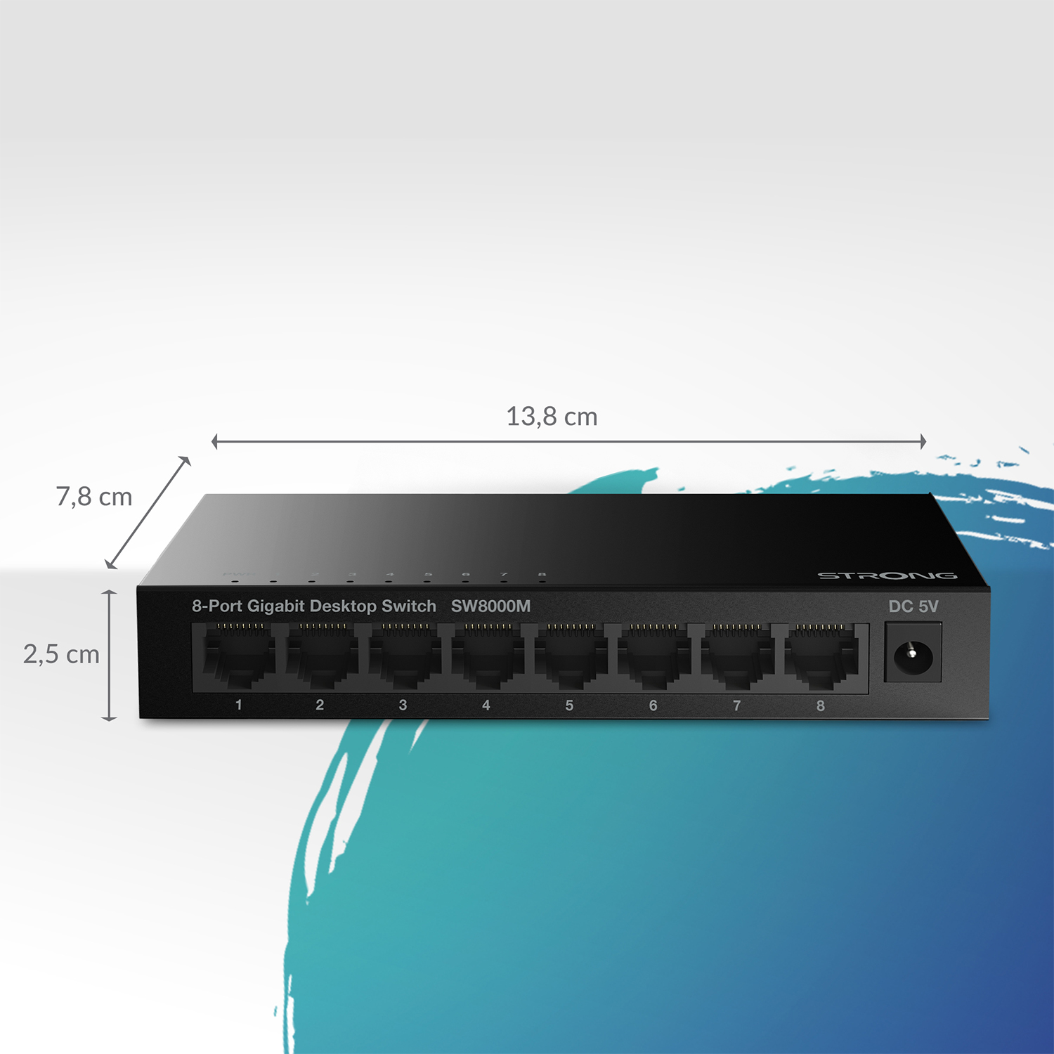 Switch desktop Gigabit a 8 porte nero con dimensioni indicate sopra il dispositivo.