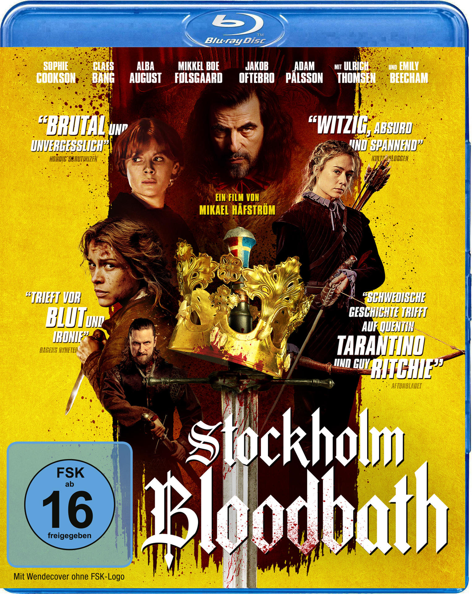 Filmcover, Stockholm Bloodbath, mehrere Gesichter auf gelbem Hintergrund, Text und FSK 16 Logo.