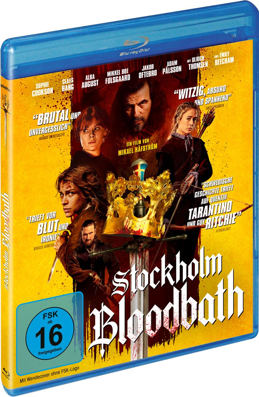 Blu-ray-Cover für 'Stockholm Bloodbath' mit Schauspielern und einer goldenen Krone. Das Cover ist gelb.