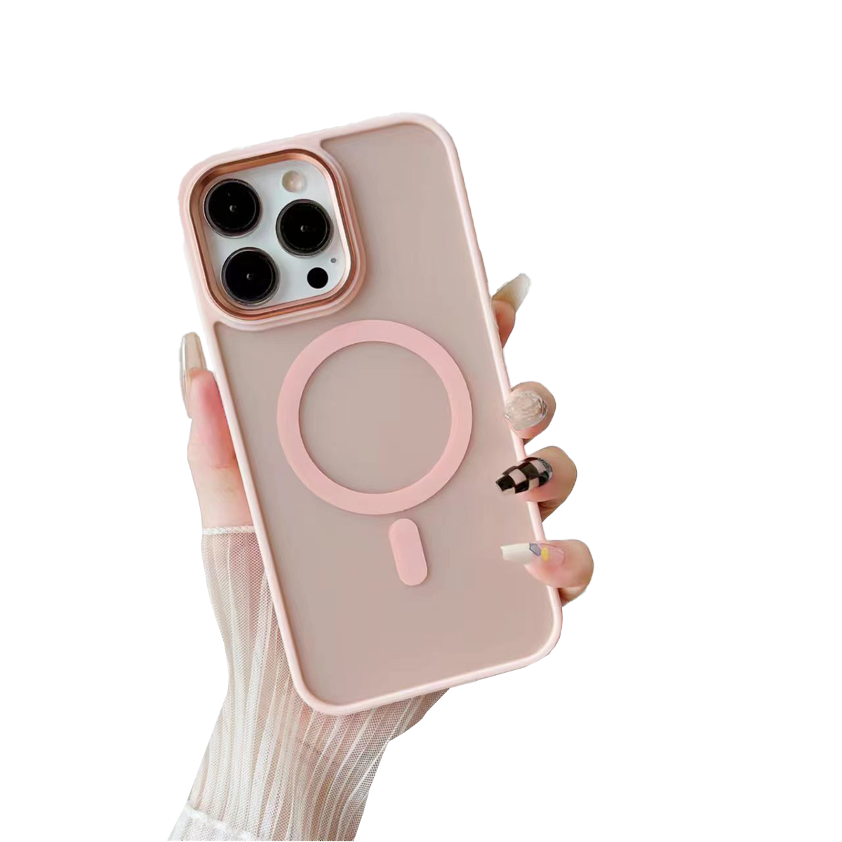 Bir el, bir halka ve bir kesik ile pembe bir telefon kılıfı tutuyor.