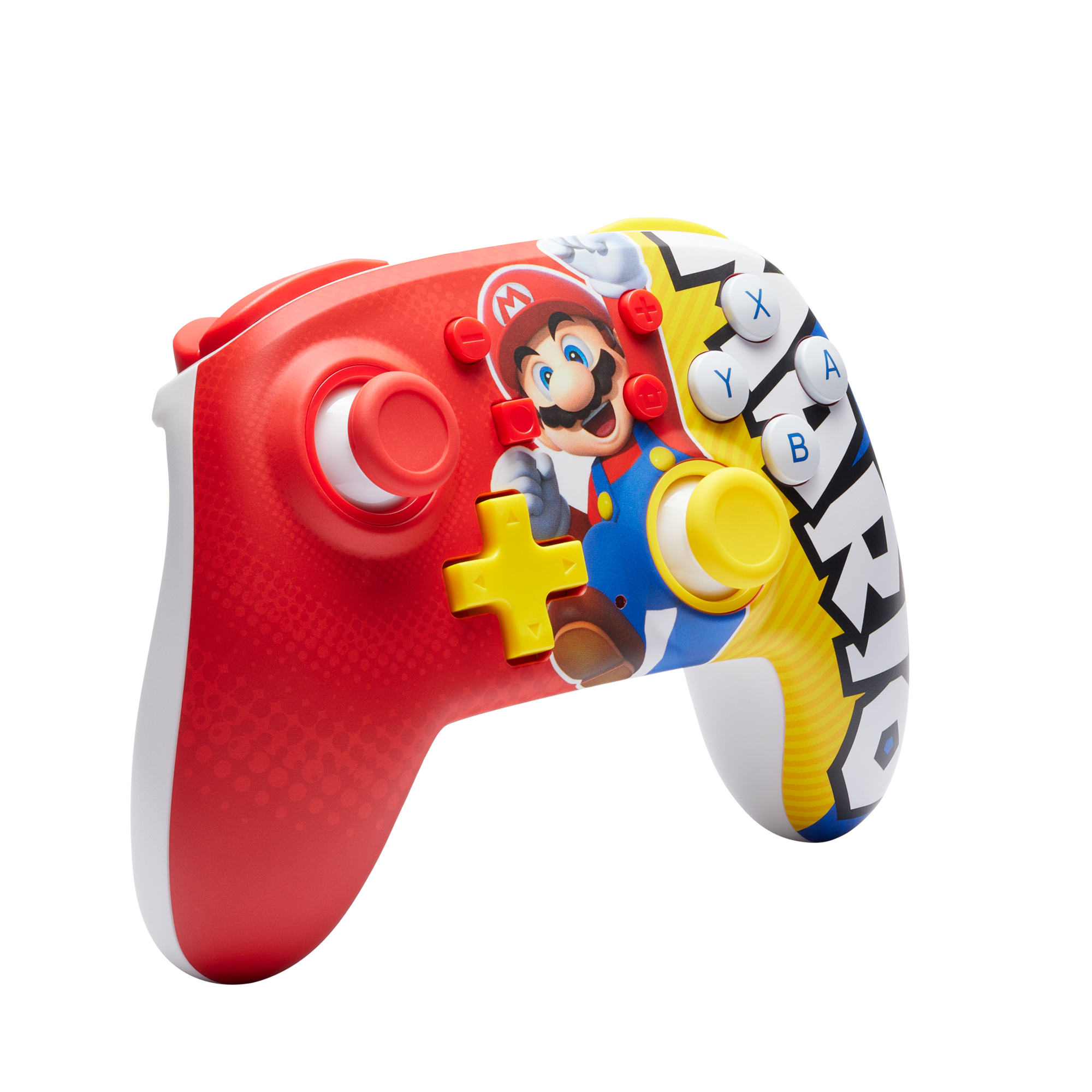 Ein rot-weißer Nintendo Switch-Controller mit Mario-Design. Er hat Knöpfe und einen Joystick.