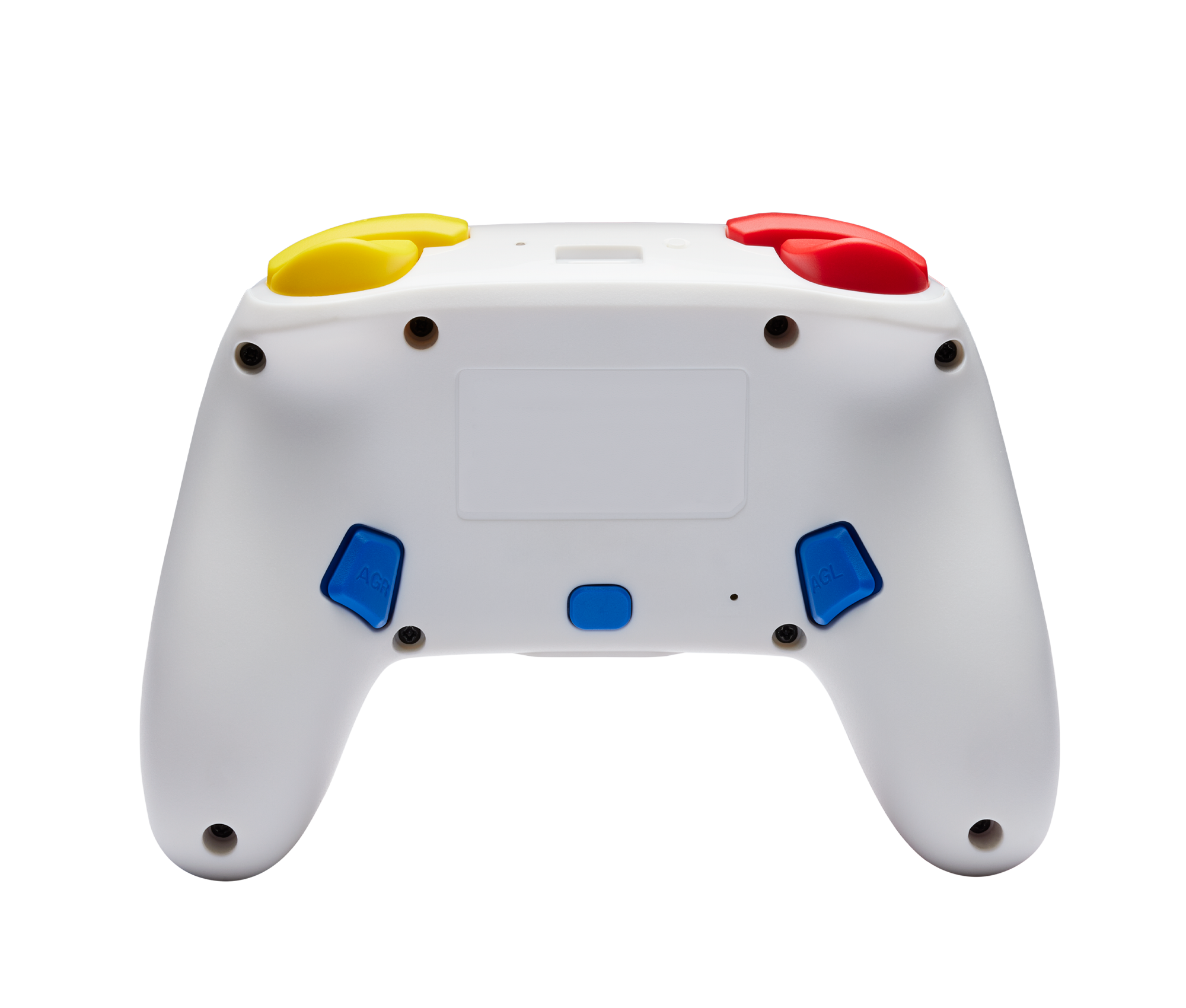 Weißer Gamecontroller. Mit gelben und roten Tasten oben, blauen Tasten unten und einem Etikett.
