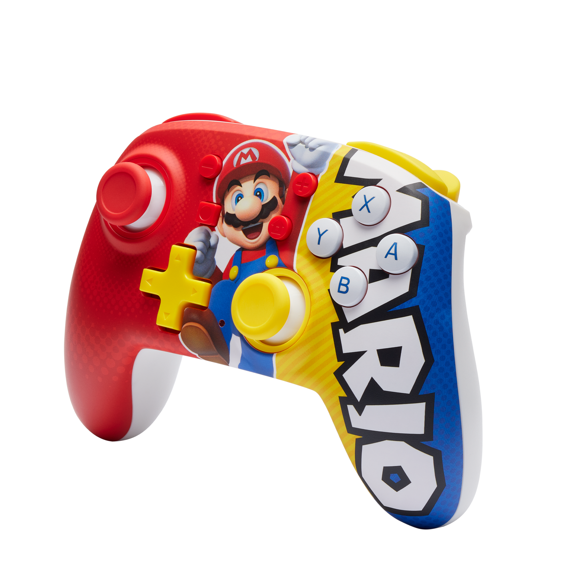 Roter und gelber Mario-Gamecontroller mit Charakterillustration und Knöpfen.