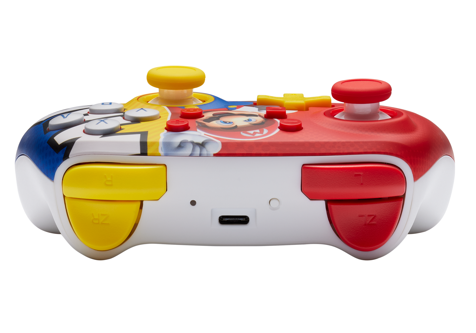 Nintendo Switch Controller, farbenfrohes Mario-Design. Tasten und Joysticks im Blick.