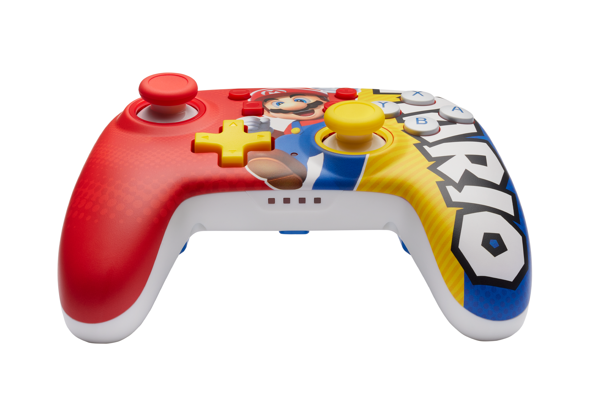 Ein rot, gelb, blau und weißes Videospiel-Controller im Mario-Design.
