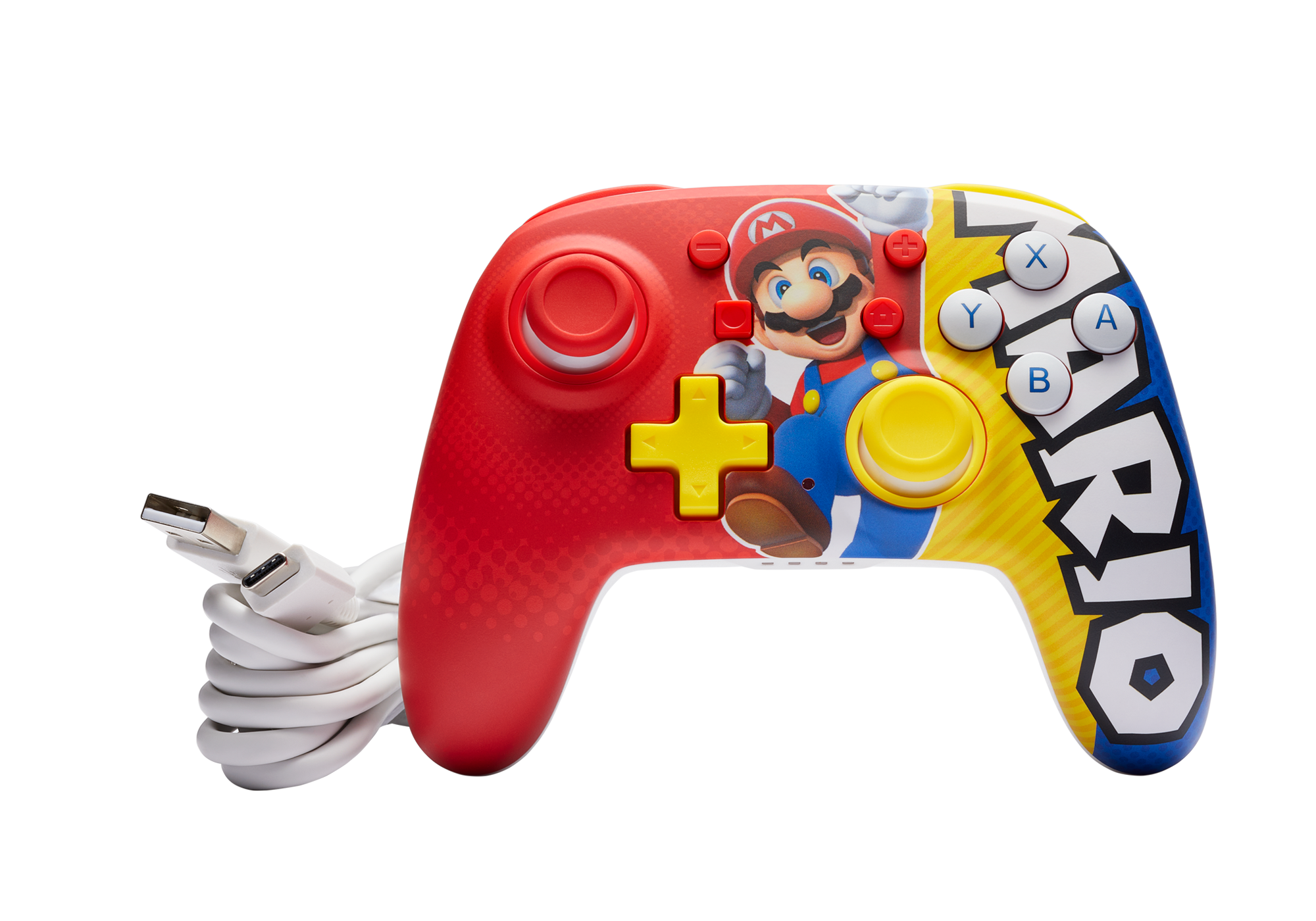 Roter Controller im Mario-Design mit Mario. Weißes Kabel befestigt.