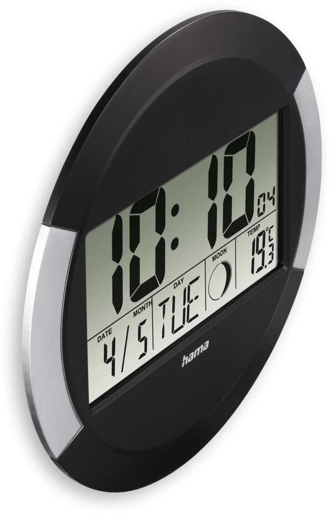 Orologio da parete digitale nero e argento che mostra ora, data e temperatura.
