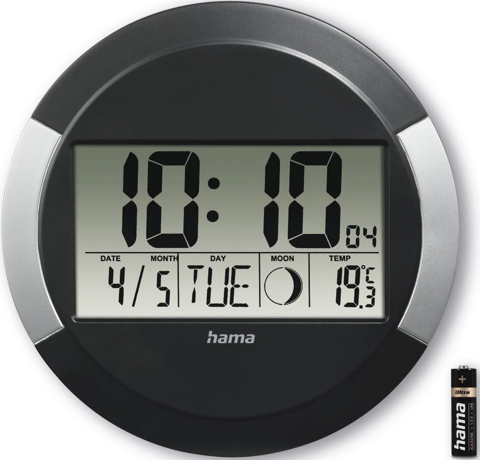 Orologio digitale nero che mostra ora, data, mese, giorno, fase lunare e temperatura. Batteria.