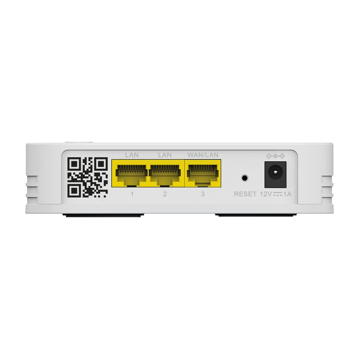 Il retro di un router di rete bianco con tre porte LAN e una porta WAN/LAN.