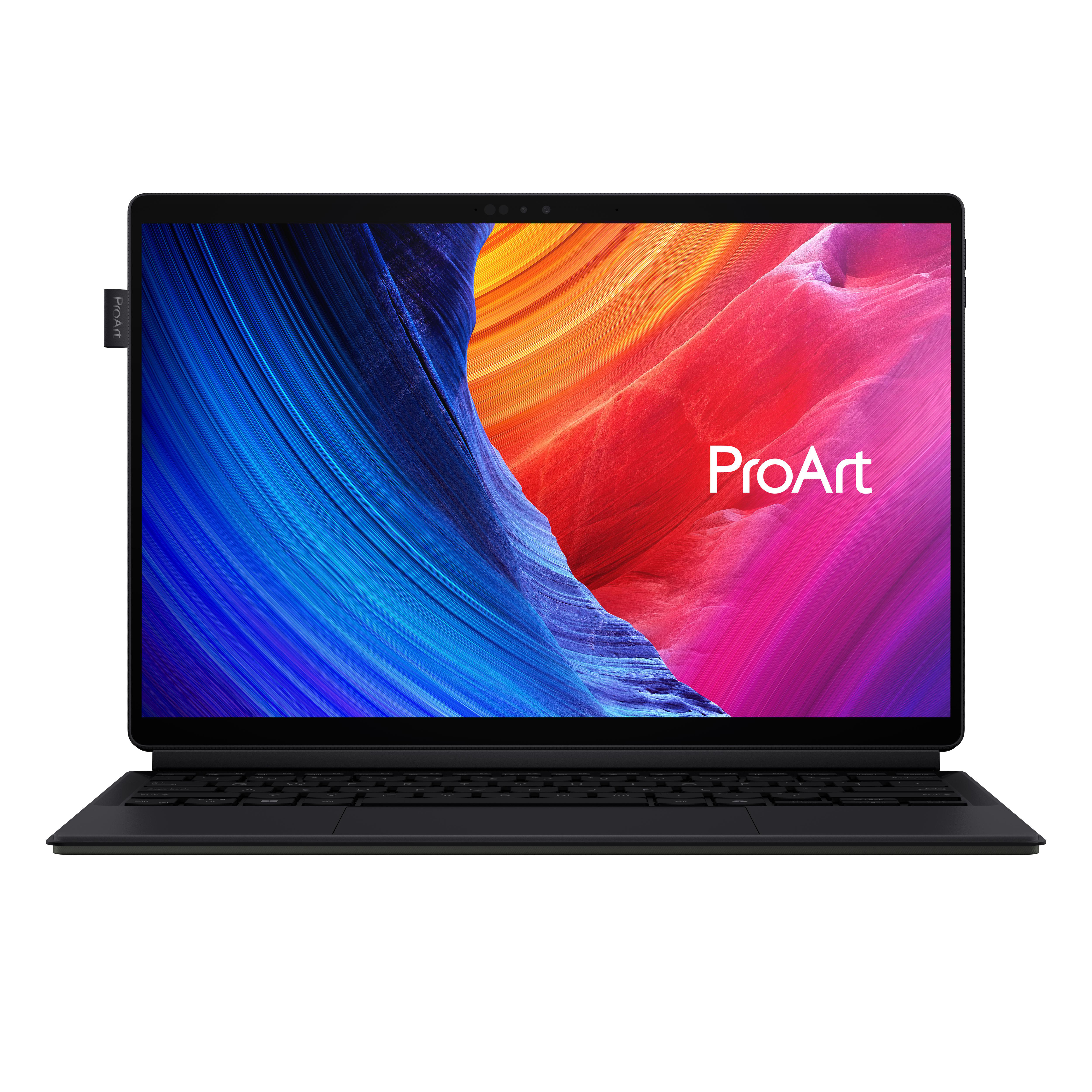 Schwarzer Laptop mit Tastatur. Bildschirm zeigt abstrakte blaue und rote Farbverläufe. ProArt Text.