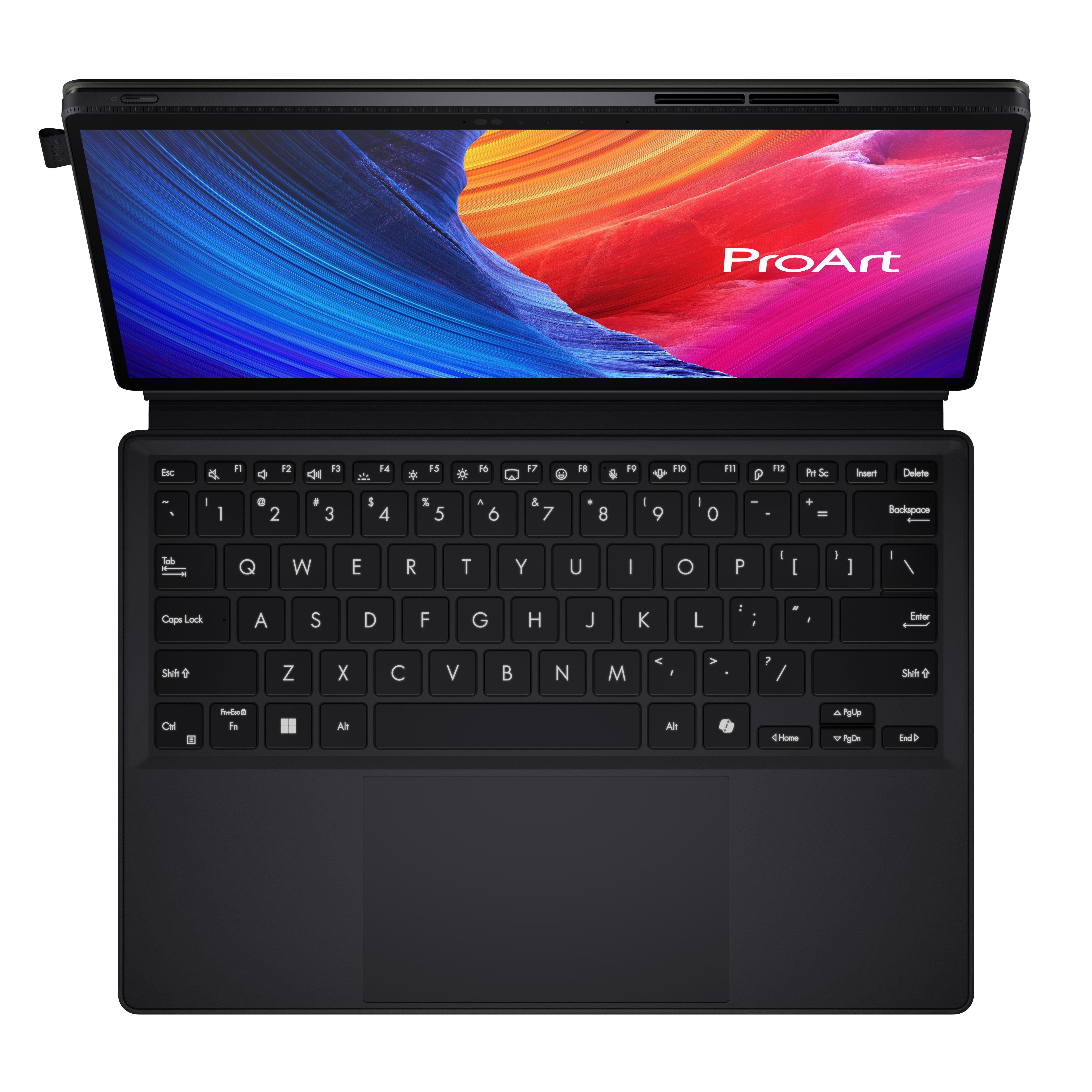 Geöffneter Laptop mit Tastatur und farbenfrohem Bildschirm.