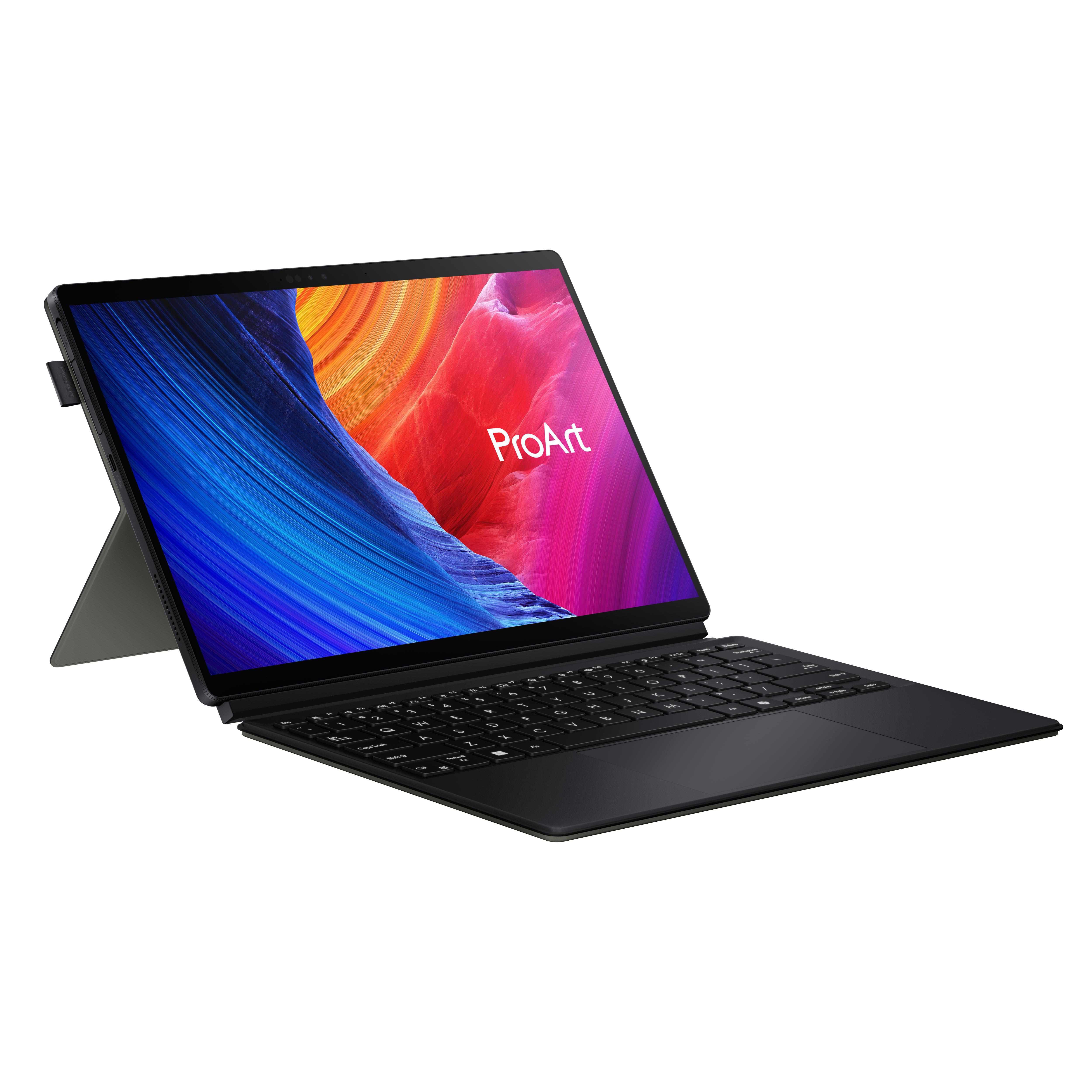 Schwarzes Tablet mit angeschlossener Tastatur, abgewinkelt auf weißer Oberfläche.