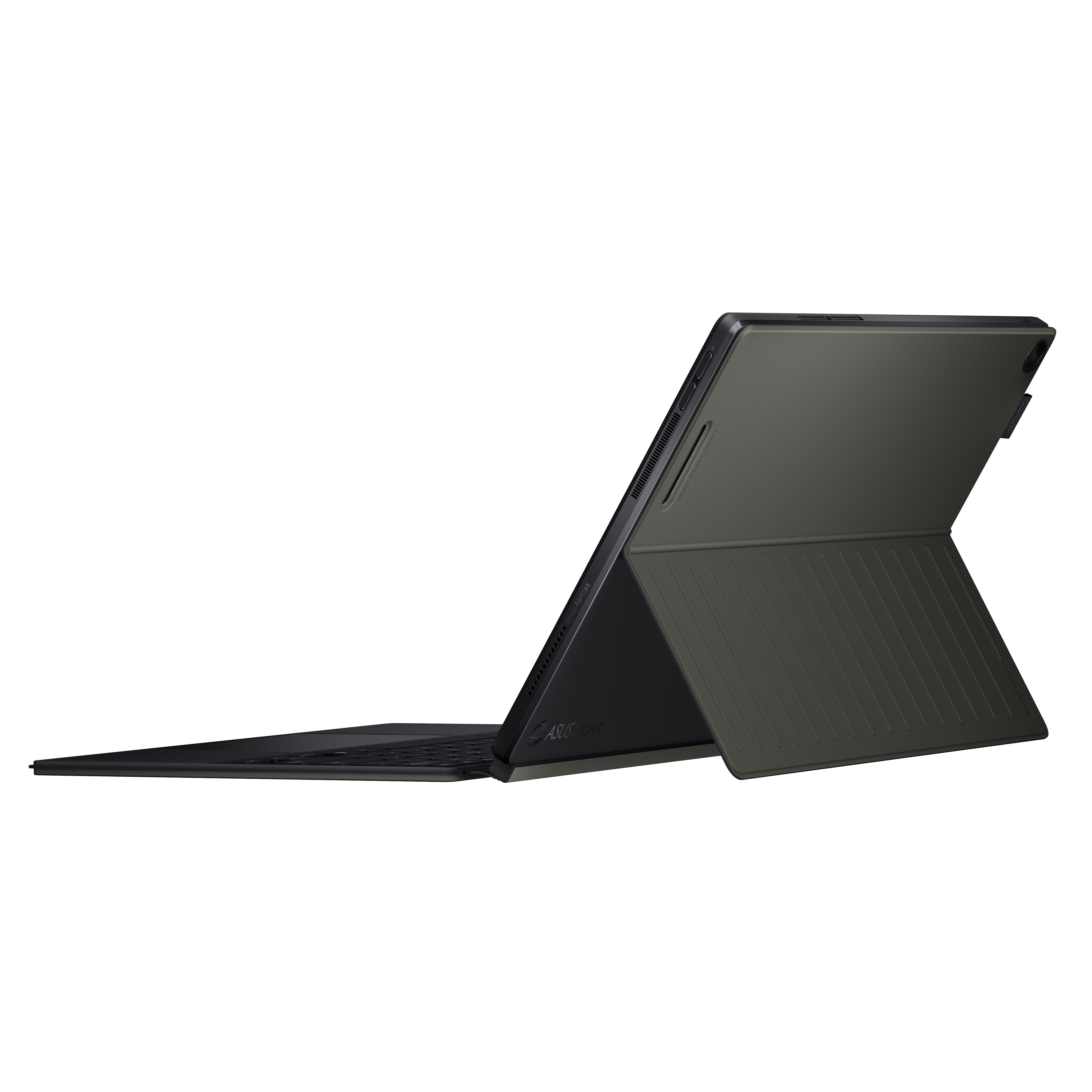 Laptop auf weißer Oberfläche. Der Bildschirm ist geöffnet, die Tastatur schwarz, die Hülle dunkelgrün.
