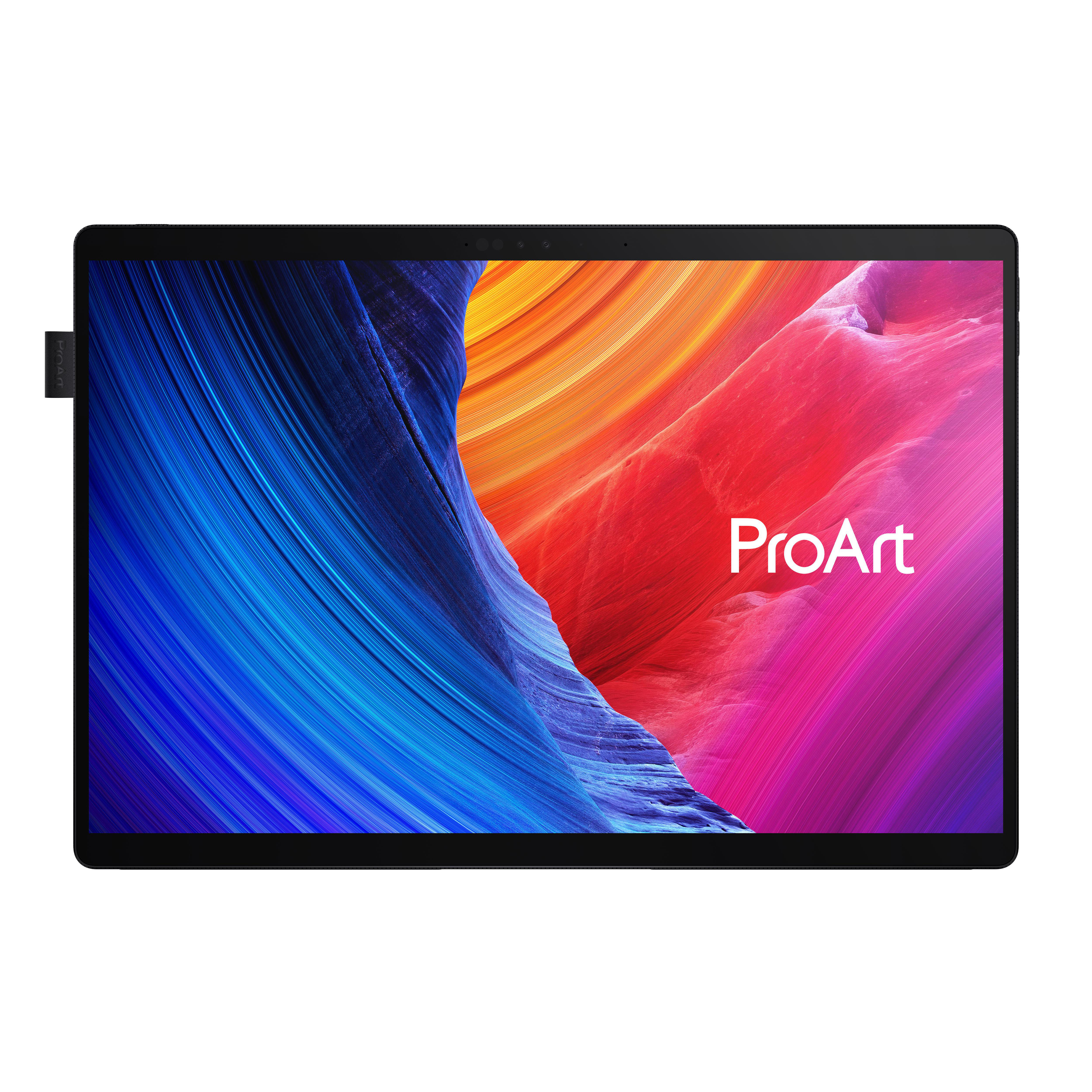 Ein schwarzes Tablet mit farbenfrohem Bildschirm. Das Wort "ProArt" steht auf dem Bildschirm. Das Tablet hat einen schwarzen Rand.