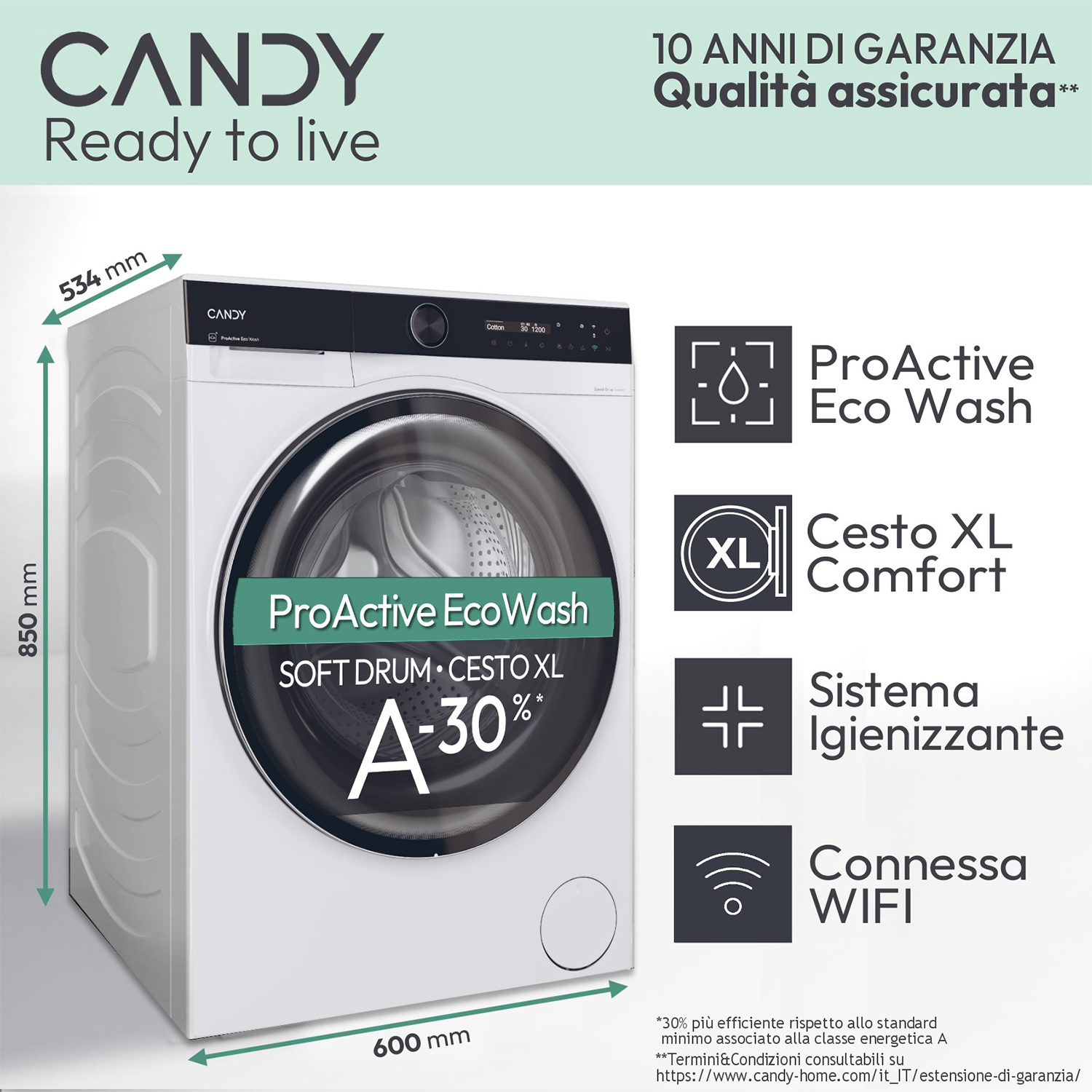 Lavatrice bianca con porta e display neri, con testo italiano e dimensioni.
