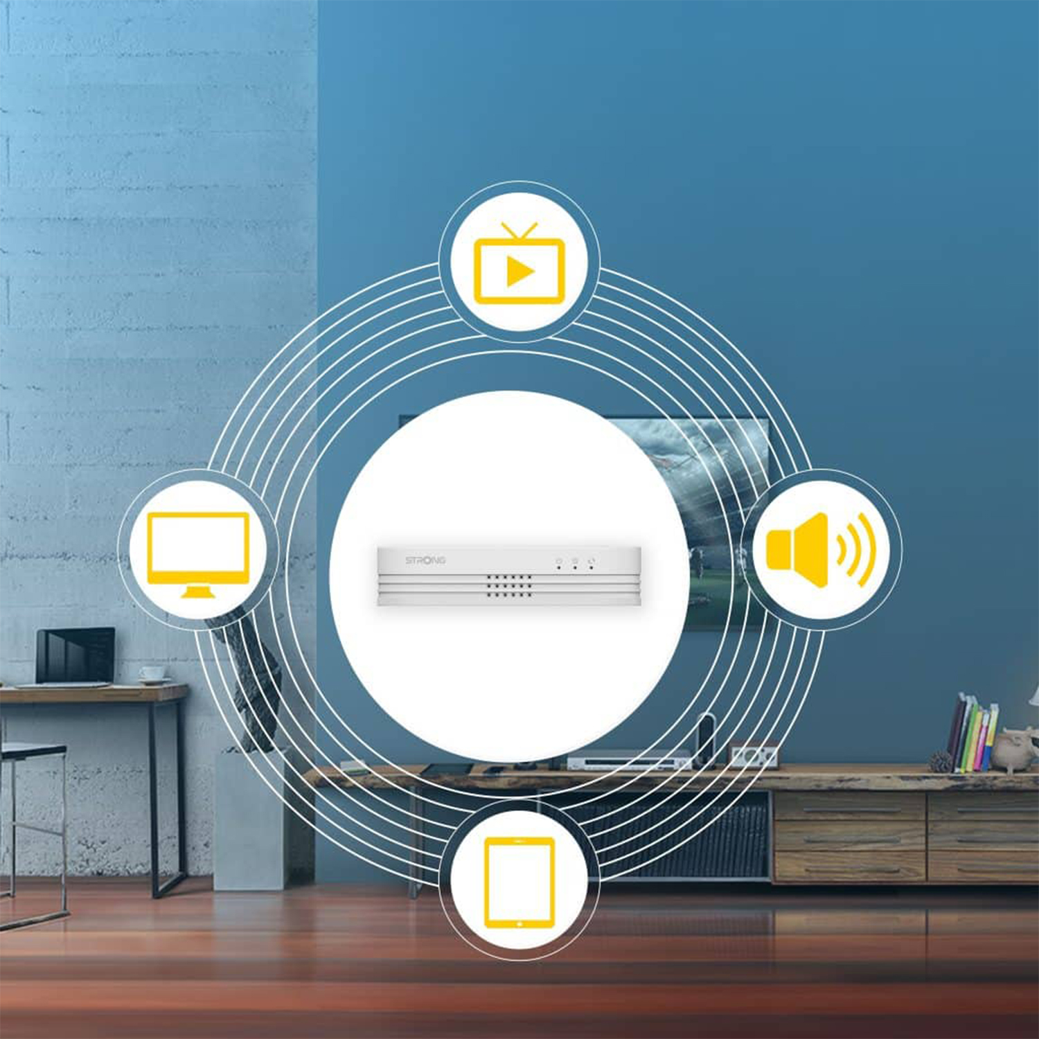 Scena del soggiorno con TV, sistema audio e icone smart home.
