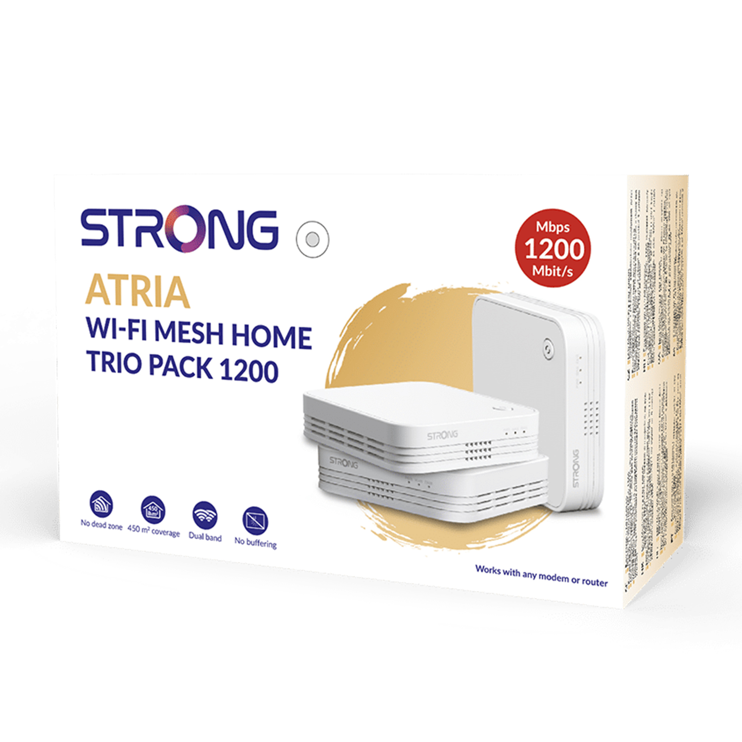 Una scatola bianca con un pacchetto trio Wi-Fi mesh home 1200, con marchio STRONG.