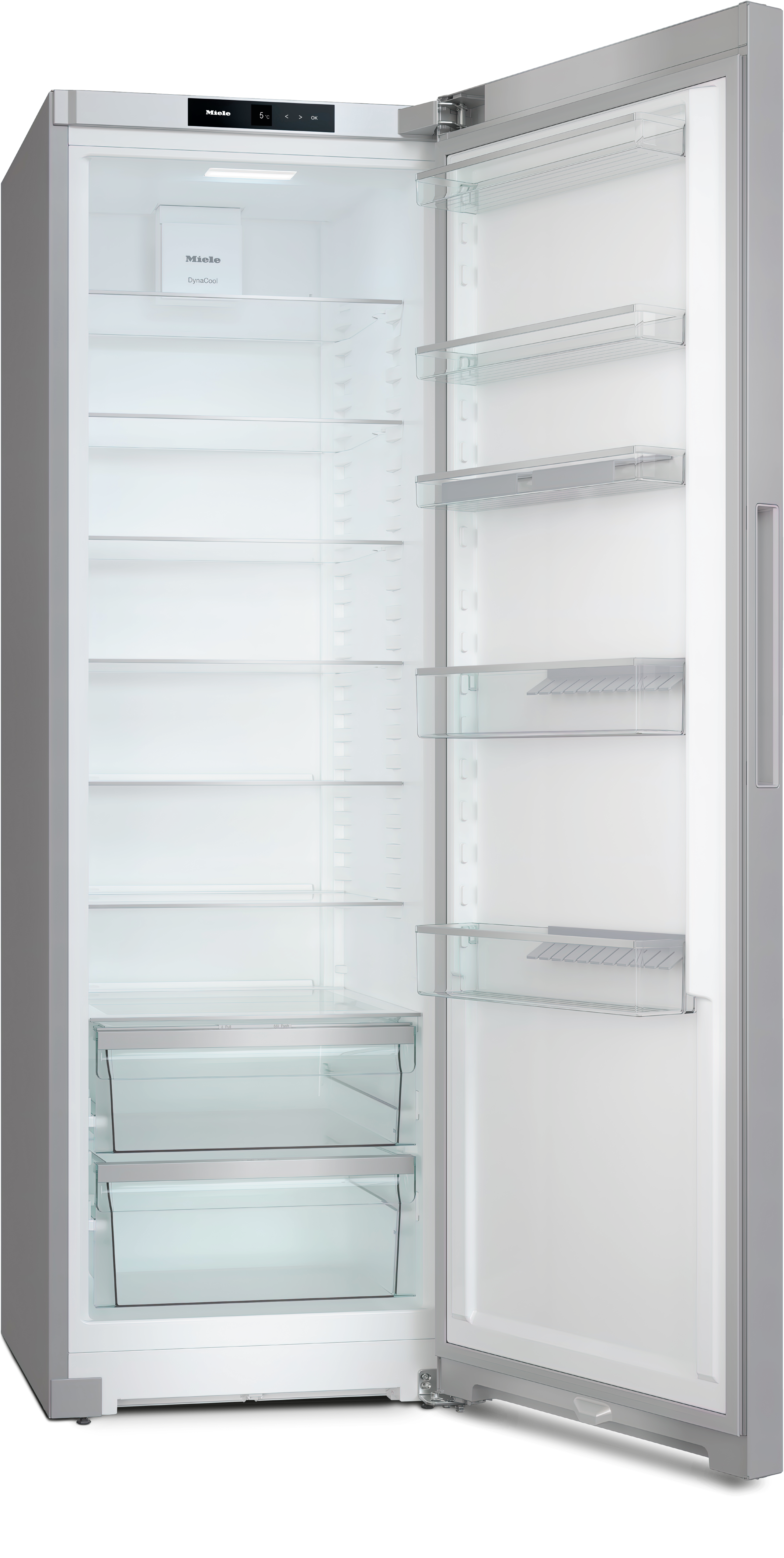 Offener Kühlschrank. Innen sind Regale, Schubladen und Türfächer sichtbar.