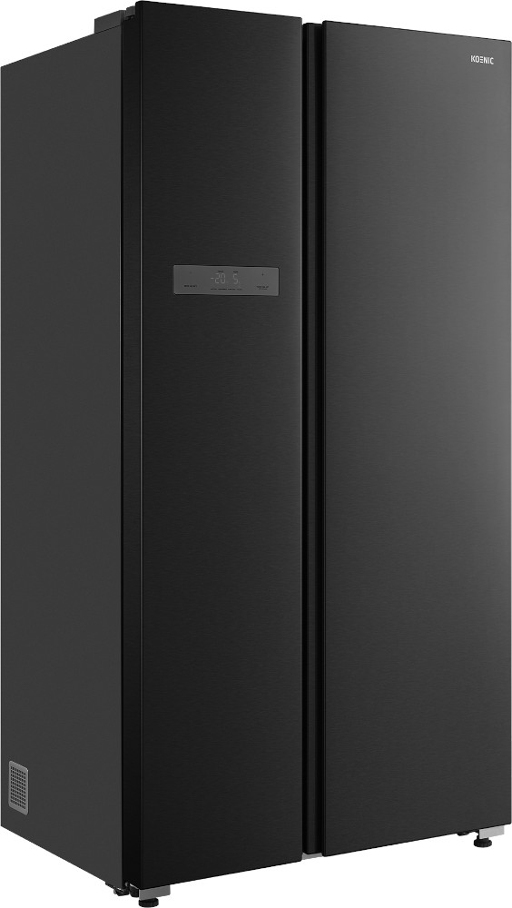 A black side-by-side refrigerator with a digital display and a logo on the door.