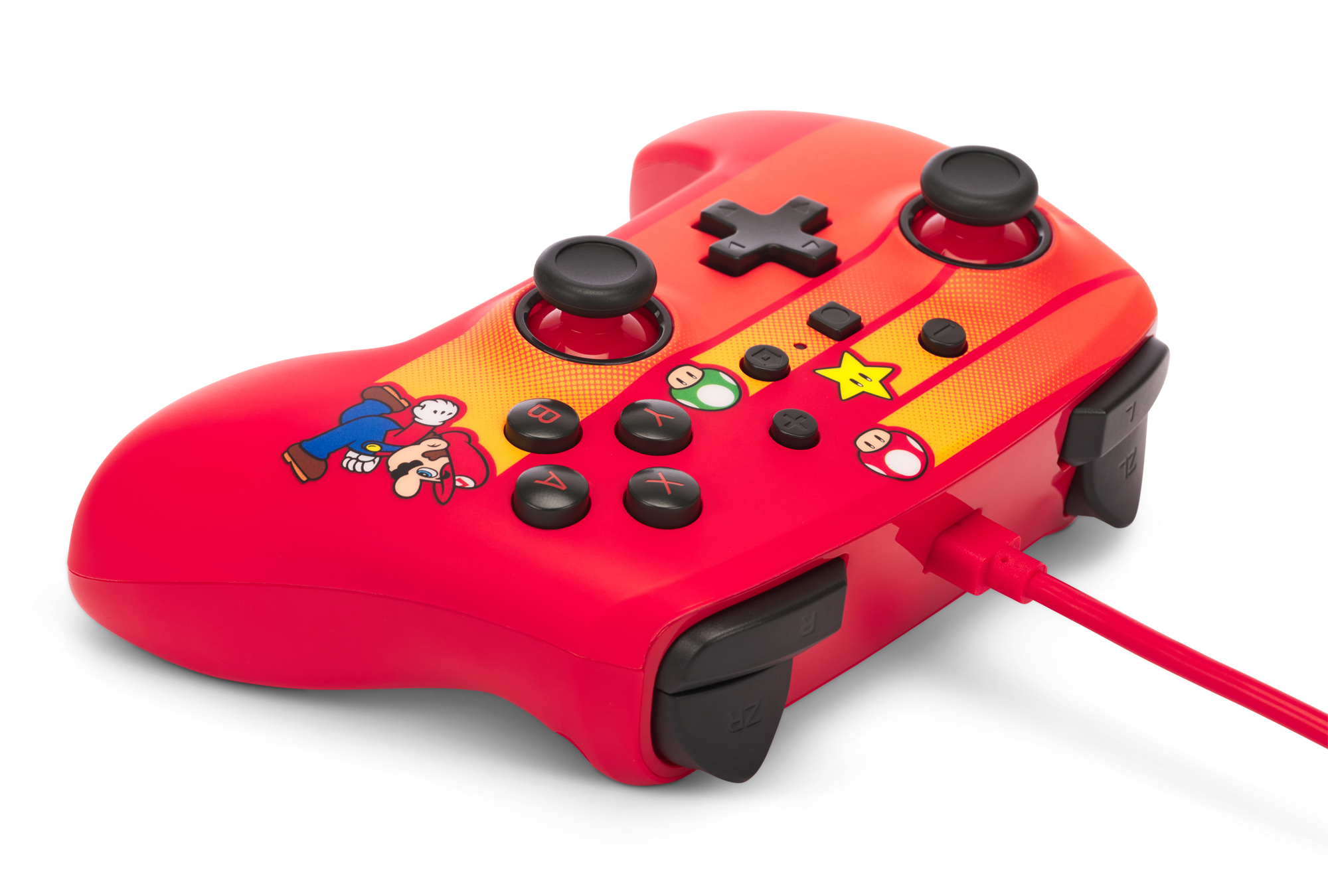 Mario grafikleri ve bağlı bir şarj kablosu olan kırmızı bir Nintendo Switch denetleyicisi.